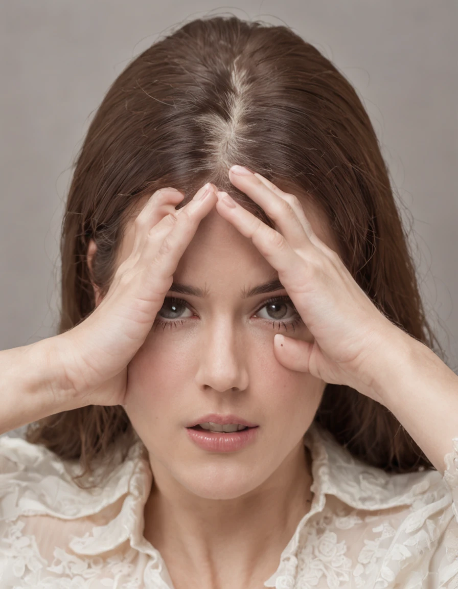 woman pulling her hair with her hands desperately wide eyes shocked expression on her face