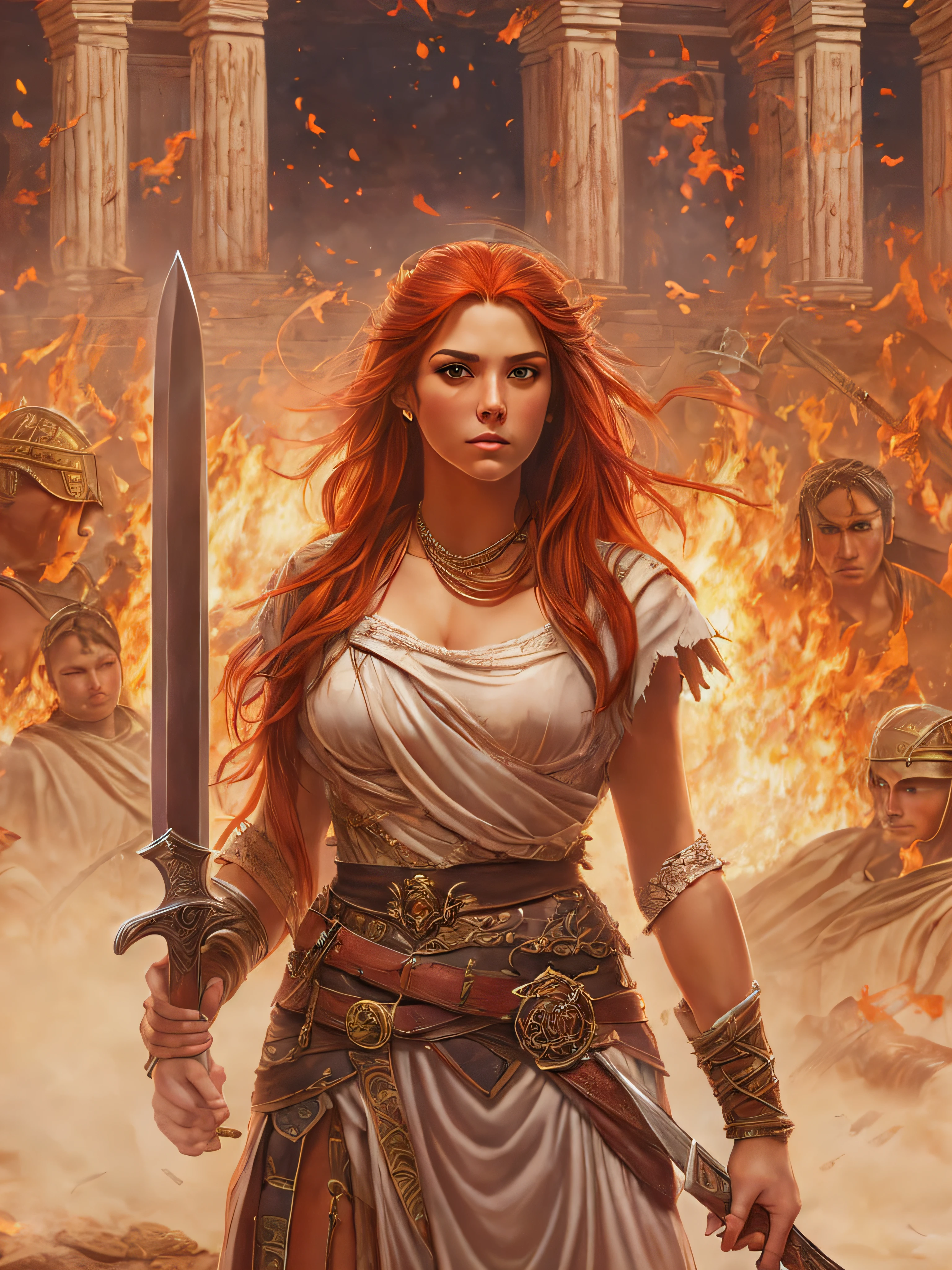 A beautiful Amazon with long fire-red hair stands in the Roman arena dressed like a poor woman in torn clothes, armed with a short sword, ready for battle.