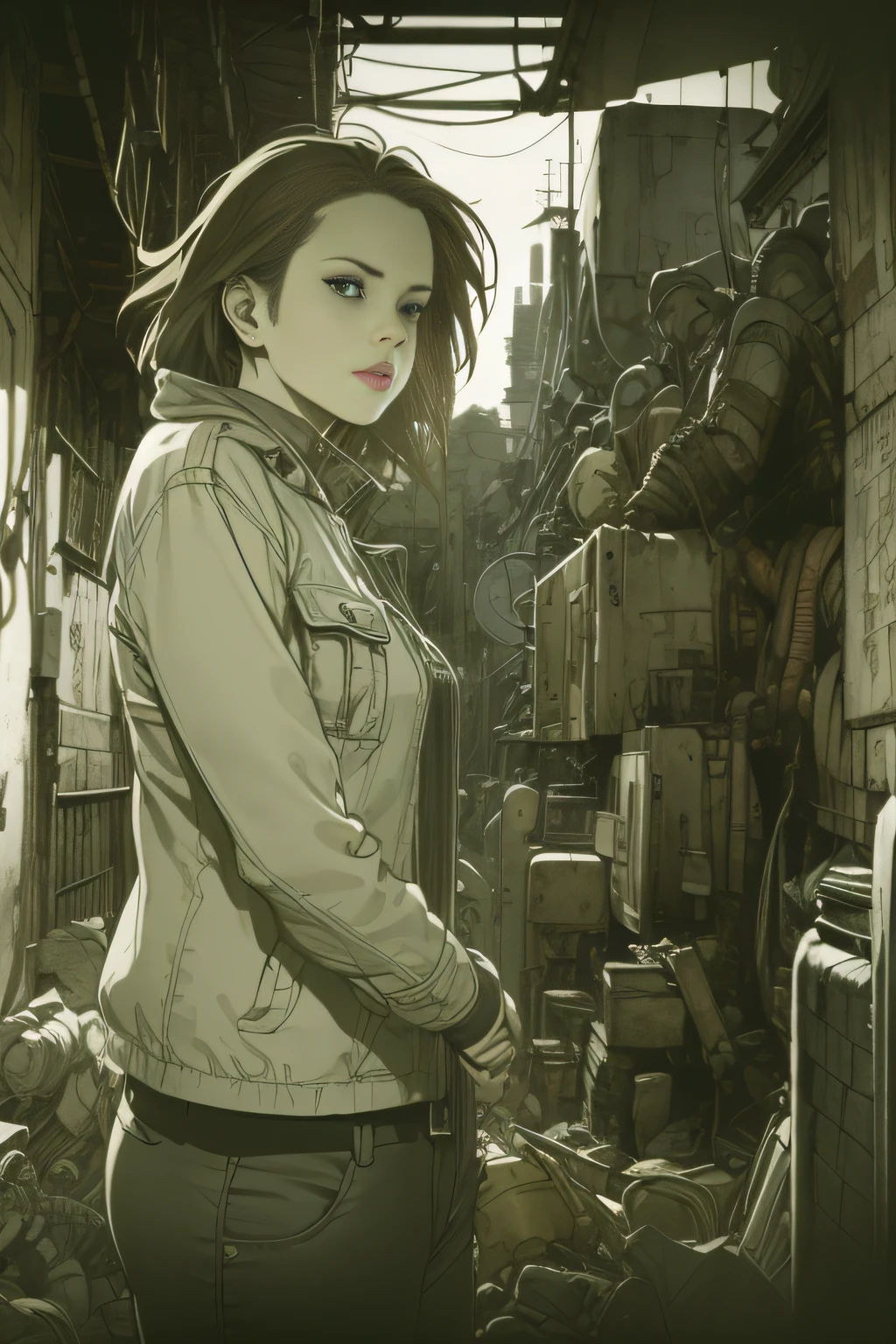 dynamicposes、(comic book style),(linear art_Anime),(masutepiece_Best Quality),(Cowboy Shot),Beautiful fece, (​masterpiece:1.2), (top-quality:1.2), perfect  eyes, face perfect, Perfect litthing, girl with、(jaket_Cargo pants),Background of Cyberpunk City、the complex background、