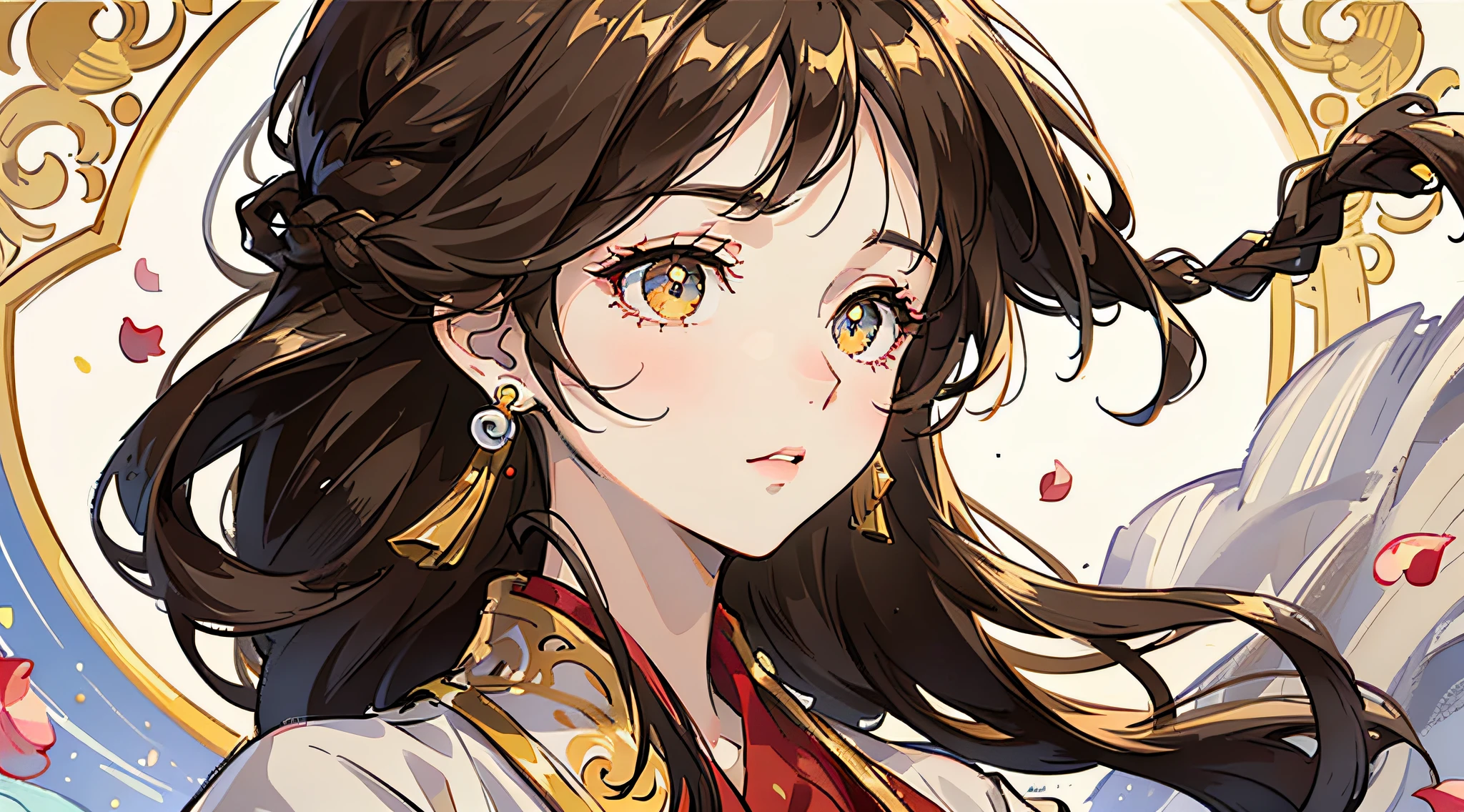 Mature girl , long dark brown hair, long dark brown hair, braid on the left side of hair, floating hair, golden eyes, golden eyes, delicate and smart eyes, starry pupils, intricate damask hanfu, gorgeous accessories, wearing pearl earrings, FOV, f1.8, masterpiece, complex scene, flower petals flying, front portrait shot, Chang'e