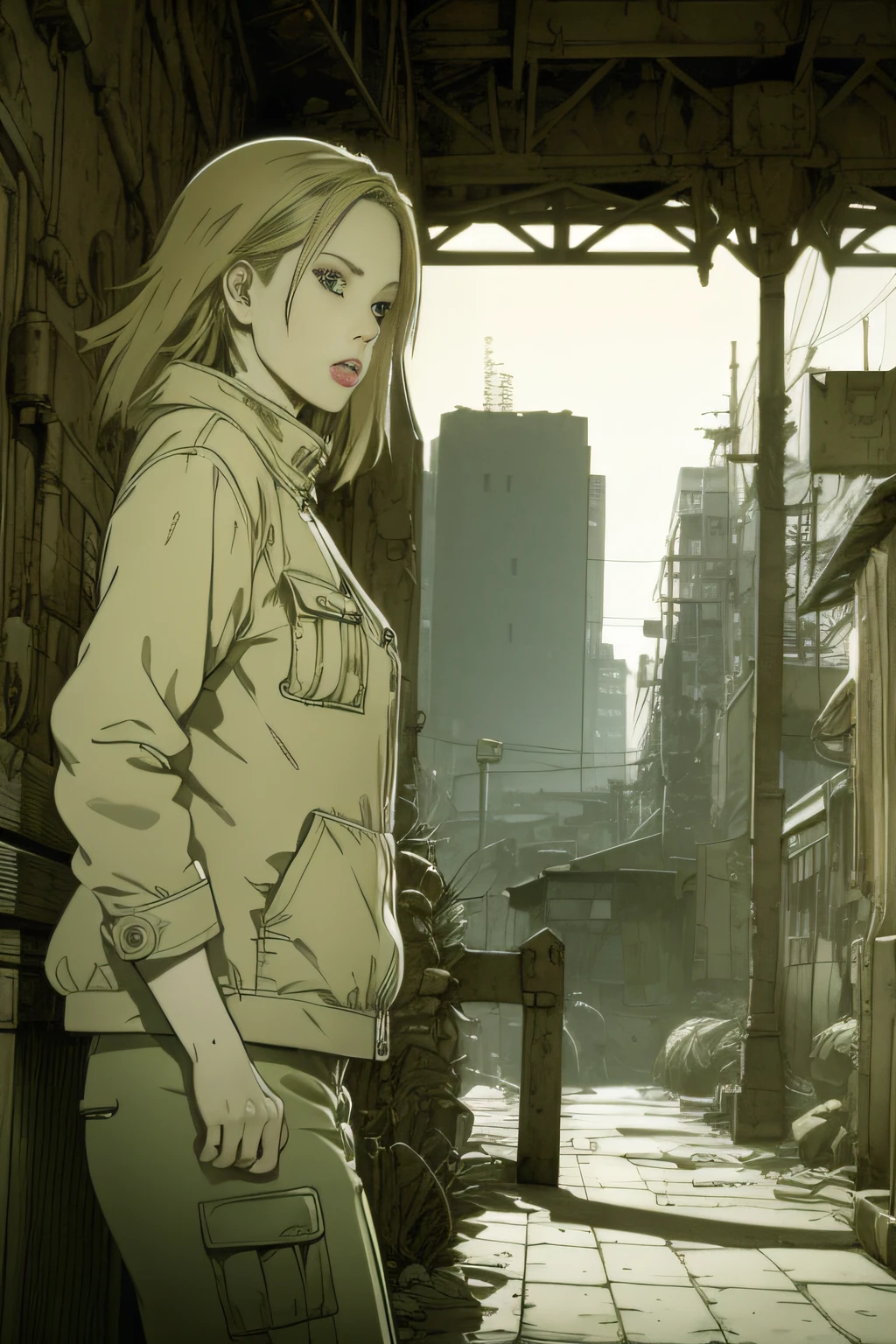 dynamicposes、(comic book style),(linear art_Anime),(masutepiece_Best Quality),(Cowboy Shot),Beautiful fece, (​masterpiece:1.2), (top-quality:1.2), perfect  eyes, face perfect, Perfect litthing, girl with、(jaket_Cargo pants),Background of Cyberpunk City、the complex background、