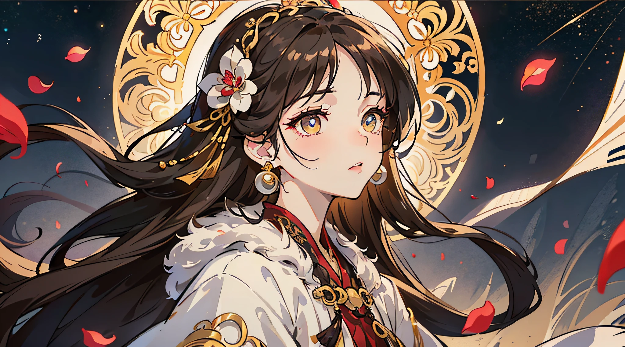 Mature girl , long dark brown hair, long dark brown hair, braid on the left side of hair, floating hair, golden eyes, golden eyes, delicate and smart eyes, starry pupils, intricate damask hanfu, gorgeous accessories, wearing pearl earrings, FOV, f1.8, masterpiece, complex scene, flower petals flying, front portrait shot, Chang'e