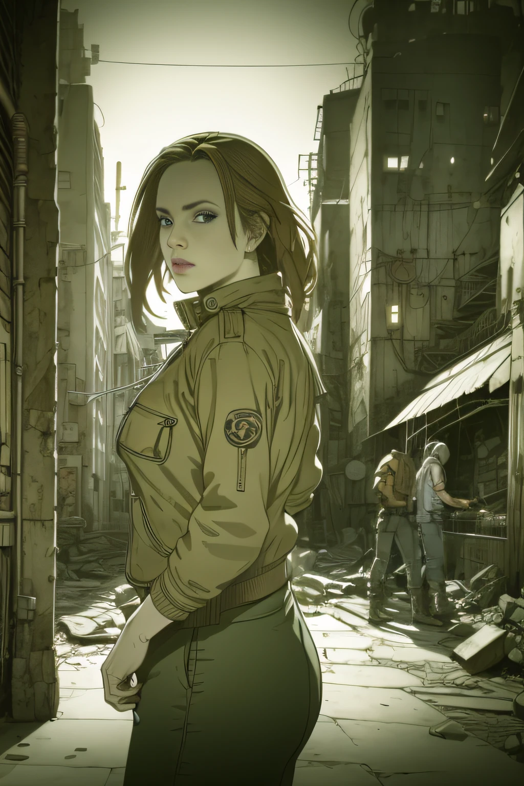 dynamicposes、(comic book style),(linear art_Anime),(masutepiece_Best Quality),(Cowboy Shot),Beautiful fece, (​masterpiece:1.2), (top-quality:1.2), perfect  eyes, face perfect, Perfect litthing, girl with、(jaket_Cargo pants),Background of Cyberpunk City、the complex background、