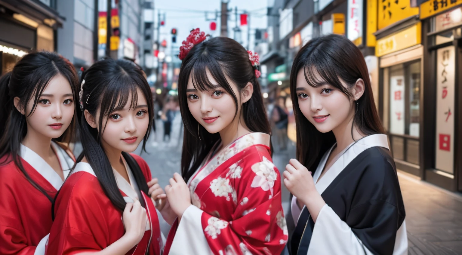 8K、top-quality、超A high resolution、femele、Kimono、A dark-haired、A smile、Dense face、Official art、dynamicposes、8K Picture Wallpaper、professional photograpy、japanes、