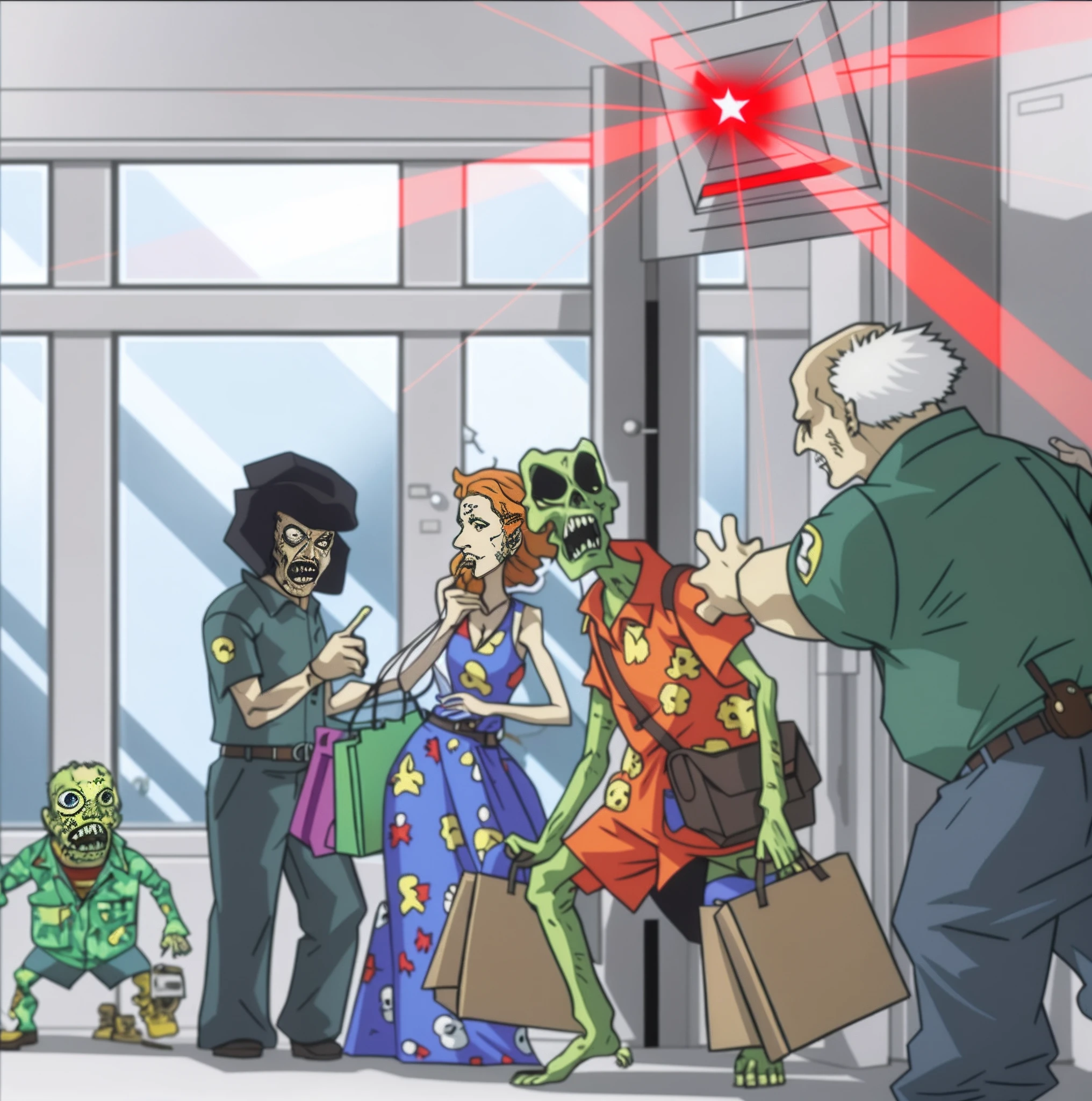 A cartoon of a group of people holding bags and zombies in a building, Zombies Attack, populated with aliens and people, in the hall of area 55, so i advised her to get in line, exiting store, man mutating to zombie, humanos irradiados, depicted as a scifi scene, full-colour illustration, author：Adam Manyoki, When Mars hits，Jojo painting style，Belle peinture de personnage，Facial clothing details，Guvitz at the Pixiv Art Station，Stunning character art