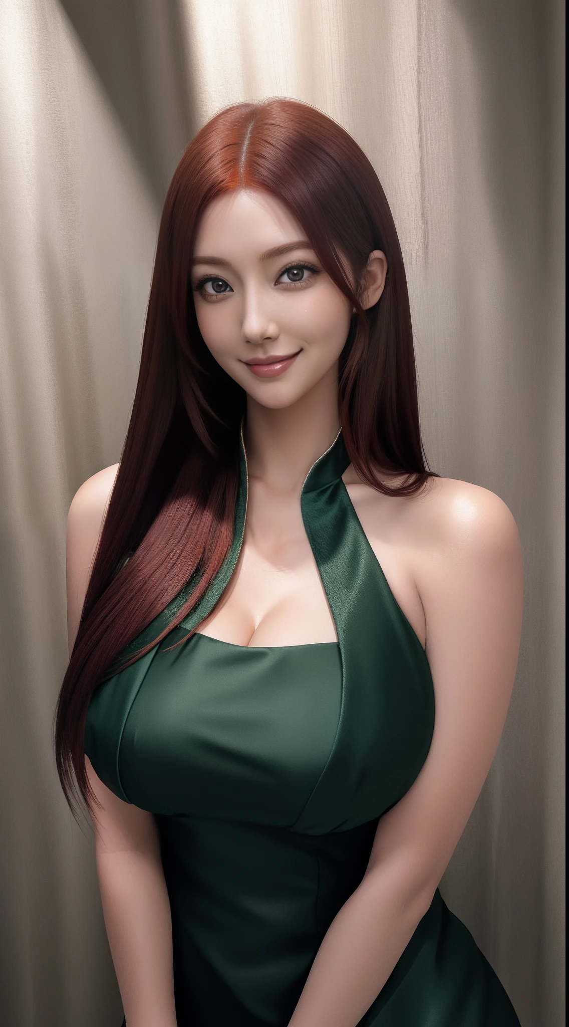 uzumaki_kushina, large_breasts, standing, solo, kushina_green_dress, masterpiece, best quality, detailed face, detailed eyes, highres, smile, Japanese milf
