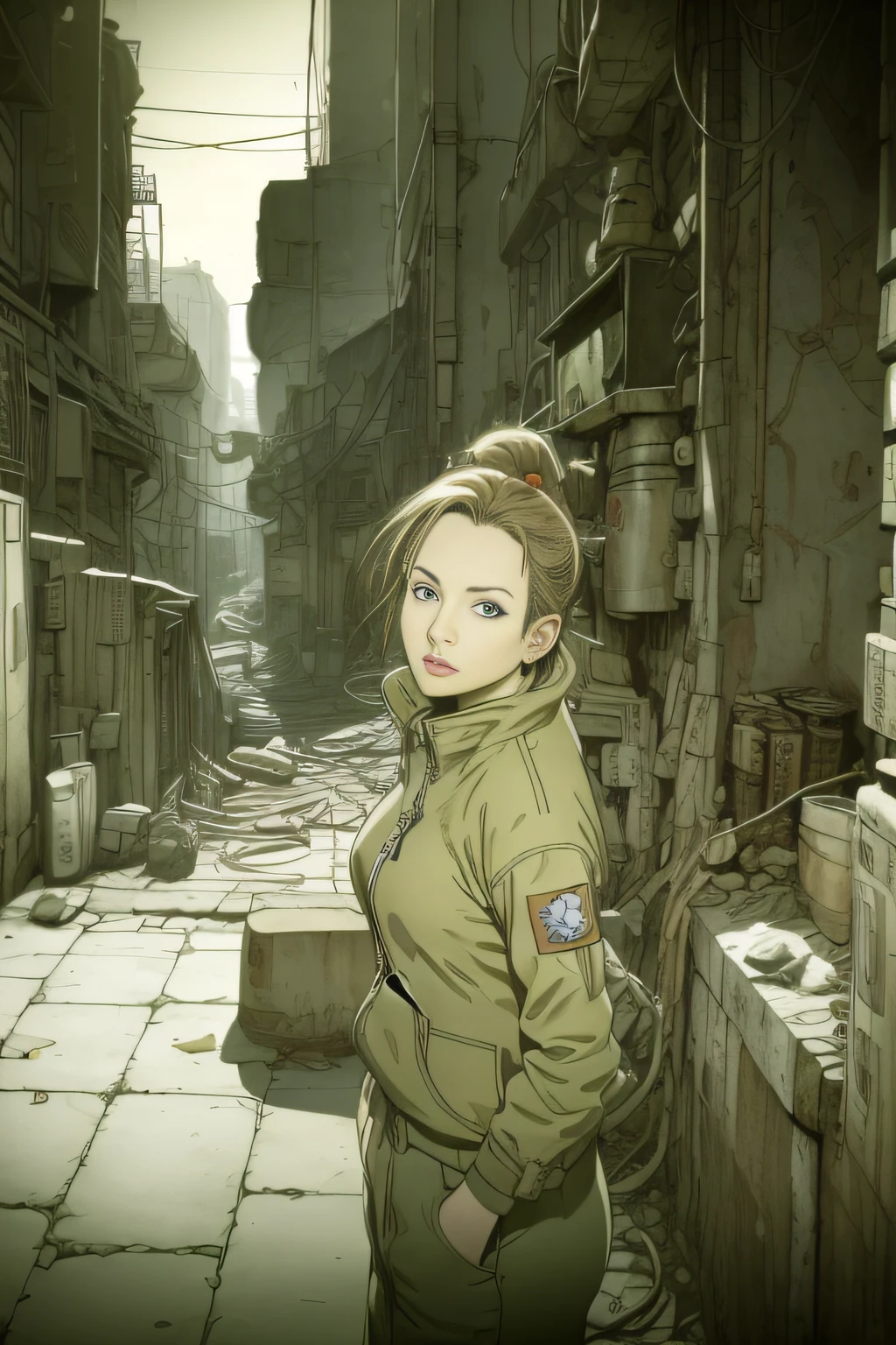 dynamicposes、(comic book style),(linear art_Anime),(masutepiece_Best Quality),(Cowboy Shot),Beautiful fece, (​masterpiece:1.2), (top-quality:1.2), perfect  eyes, face perfect, Perfect litthing, girl with、(jaket_Cargo pants),Background of Cyberpunk City、the complex background、