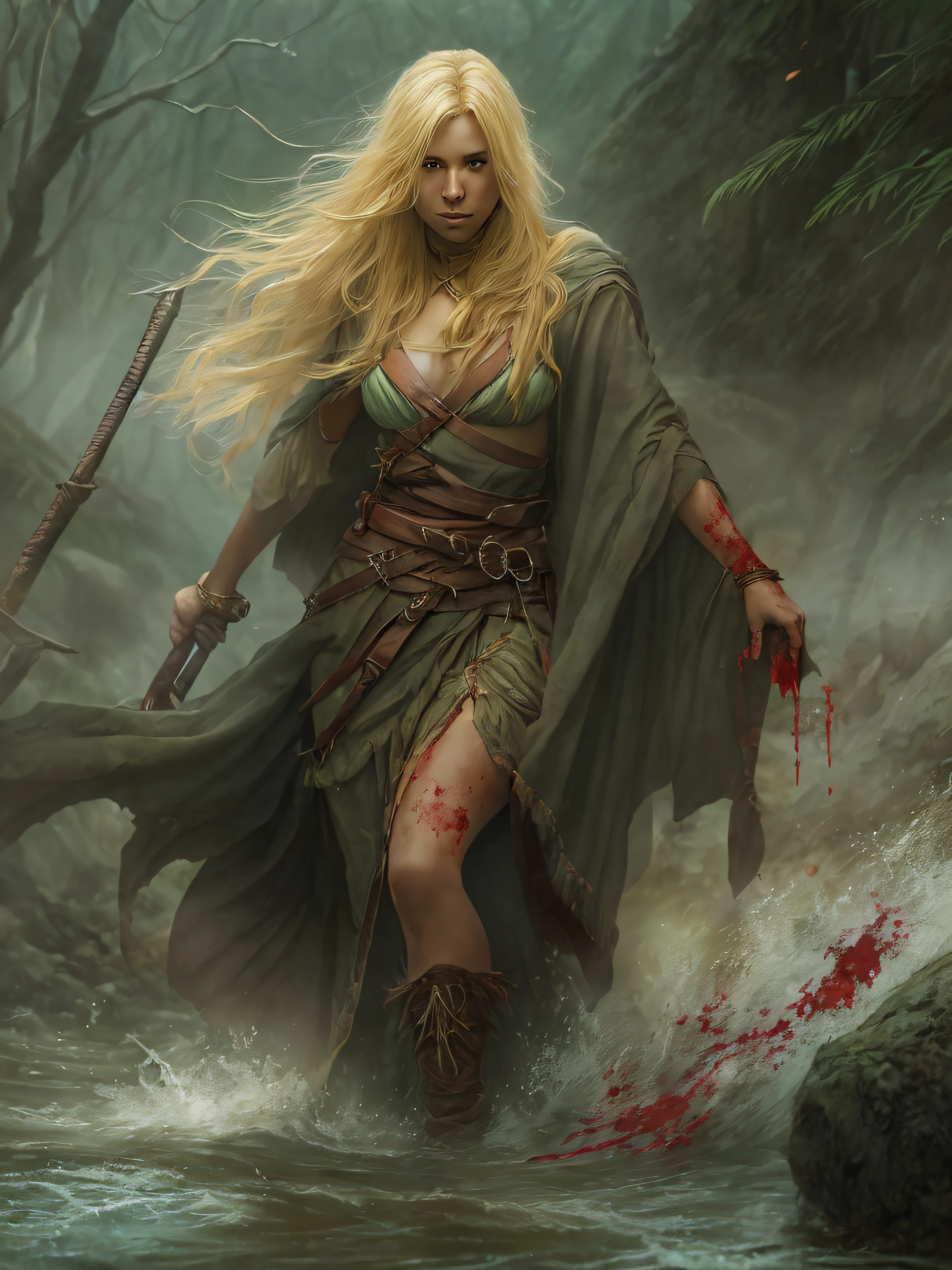 A handsome female with blond extremely long-haired lady and light brown skin, dressed in a small green long loincloth end covered in blood. Crossing a wild blood river
