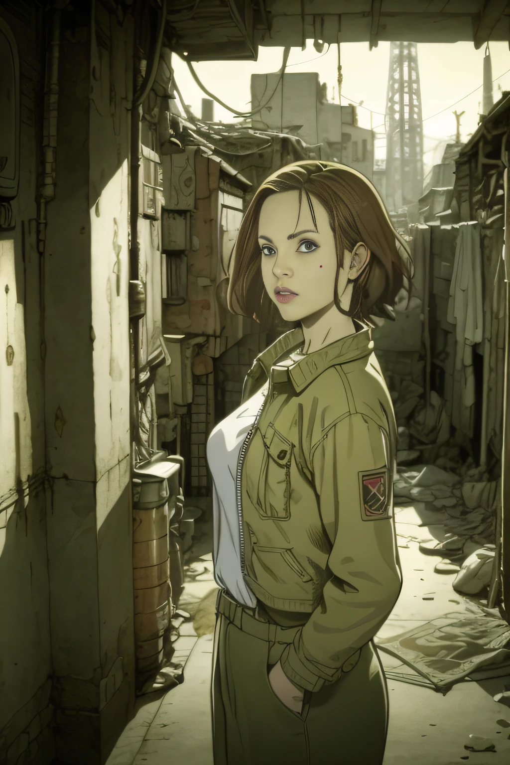 dynamicposes、(comic book style),(linear art_Anime),(masutepiece_Best Quality),(Cowboy Shot),Beautiful fece, (​masterpiece:1.2), (top-quality:1.2), perfect  eyes, face perfect, Perfect litthing, girl with、(jaket_Cargo pants),Background of Cyberpunk City、the complex background、