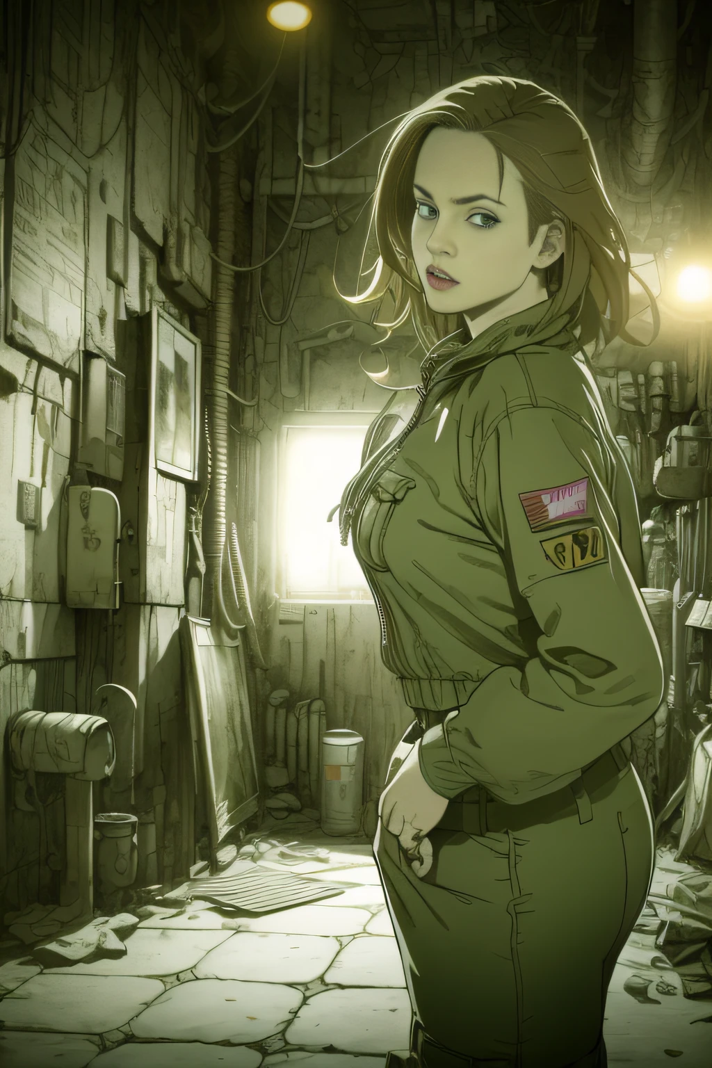 dynamicposes、(comic book style),(linear art_Anime),(masutepiece_Best Quality),(Cowboy Shot),Beautiful fece, (​masterpiece:1.2), (top-quality:1.2), perfect  eyes, face perfect, Perfect litthing, girl with、(jaket_Cargo pants),Background of Cyberpunk City、the complex background、