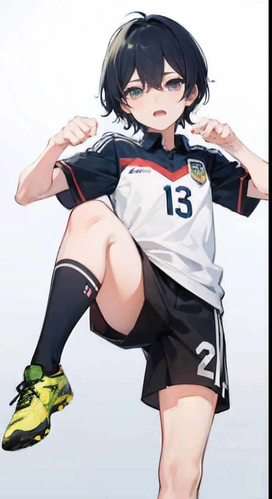 Generate a detailed anime-inspired image featuring a young soccer player with the appearance of a boy. The character should be in an action pose, mid-kick or dribbling a soccer ball. The anime-style artwork should be vibrant and colorful. The background should be kept simple with a clean white backdrop. This image should be suitable for a blog's eye-catching header.