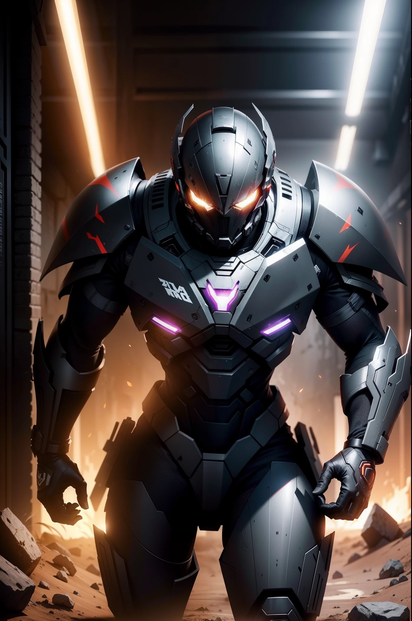 Estilo ShadowPlayerX Warzone , Papel de parede 8K , com a guerra nas costas , Very high quality image , Com letra X em sua engrenagem de metal , olhos vermelhos led , como transformador