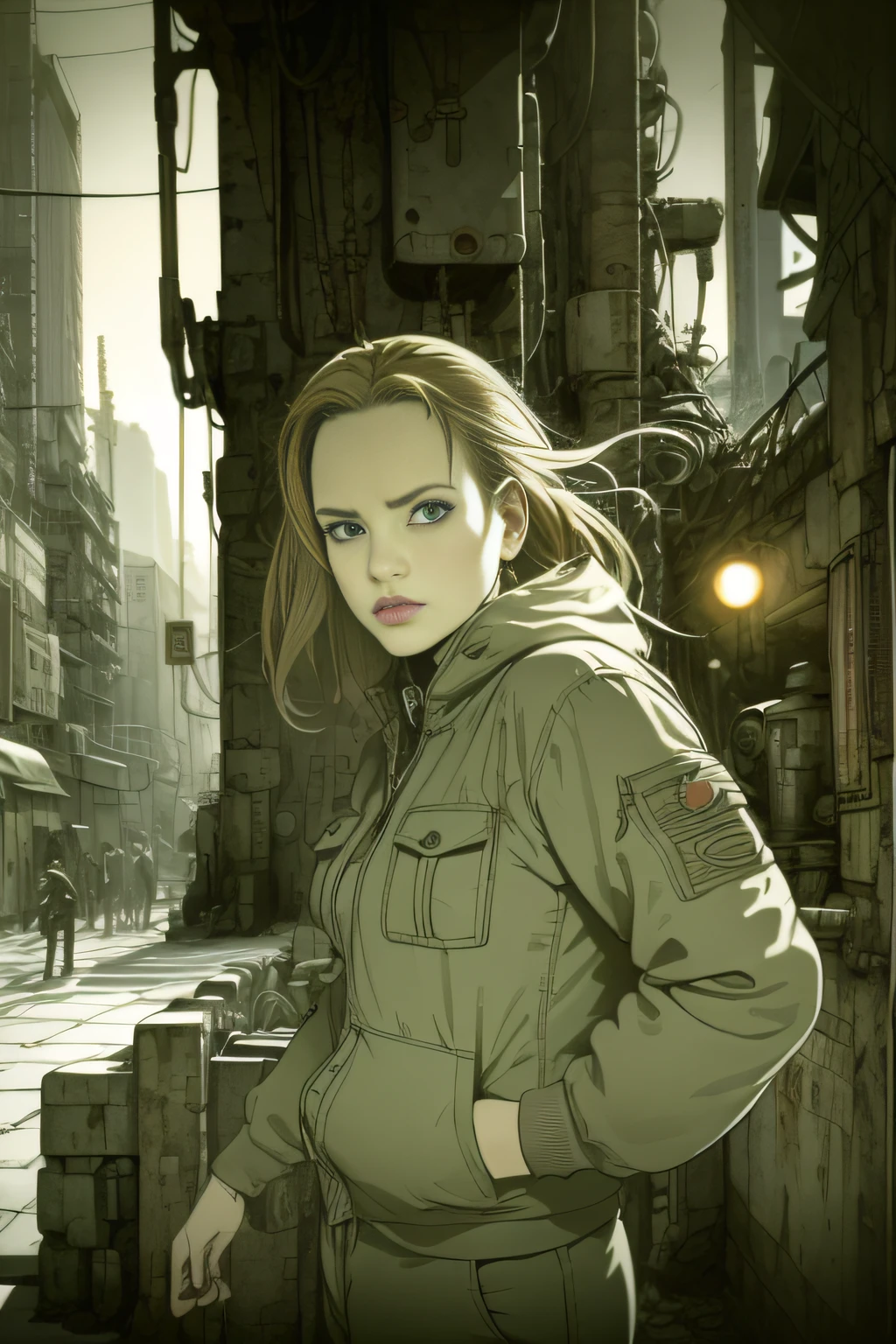 dynamicposes、(comic book style),(linear art_Anime),(masutepiece_Best Quality),(Cowboy Shot),Beautiful fece, (​masterpiece:1.2), (top-quality:1.2), perfect  eyes, face perfect, Perfect litthing, girl with、(jaket_Cargo pants),Background of Cyberpunk City、the complex background、