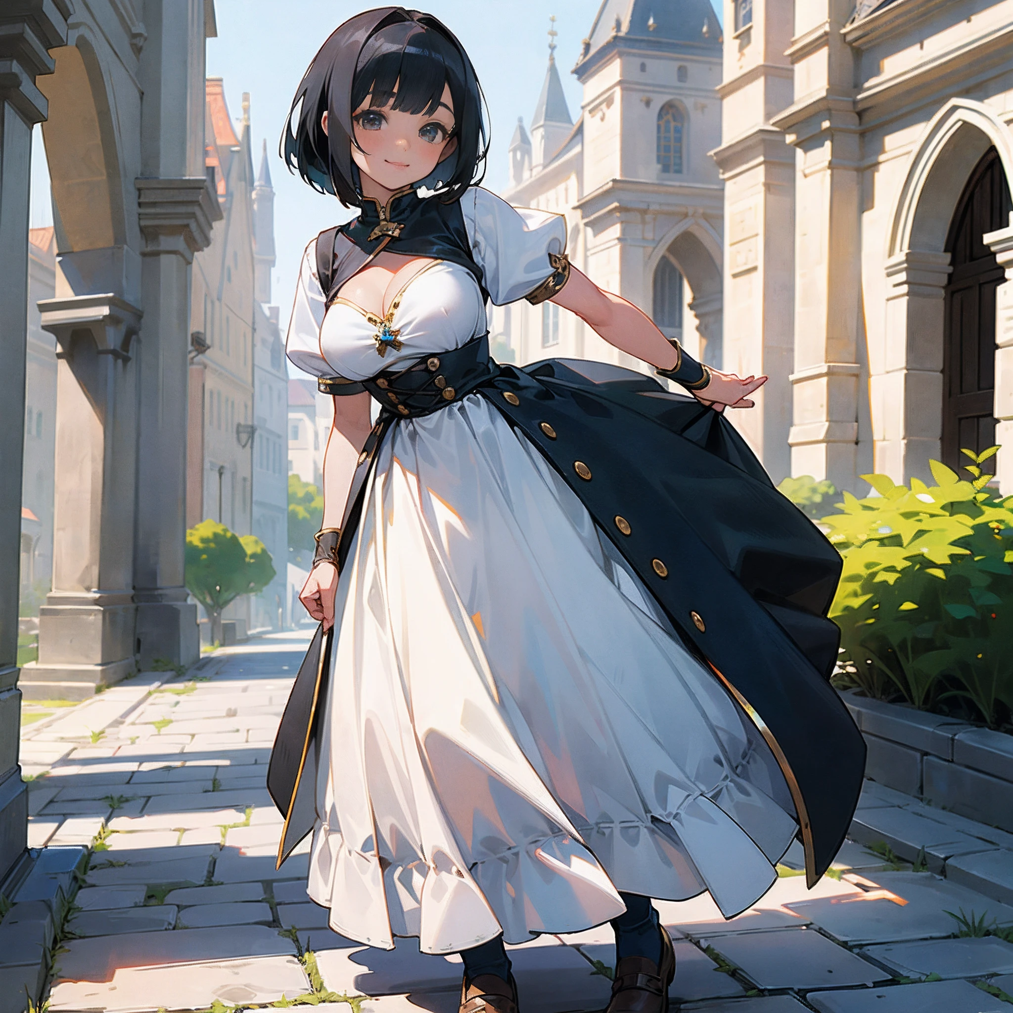 With the best image quality、 girl standing alone outdoors。In high resolution、Beautiful fine details、tranquil atmosphere。((Black Hair Bob Hair))、Cute smile。(((breasts are large)))、I don't have anything in my hands、realistic hand、(Medieval European national costume with short sleeves)、Medieval European Streets、Leather shoes。
