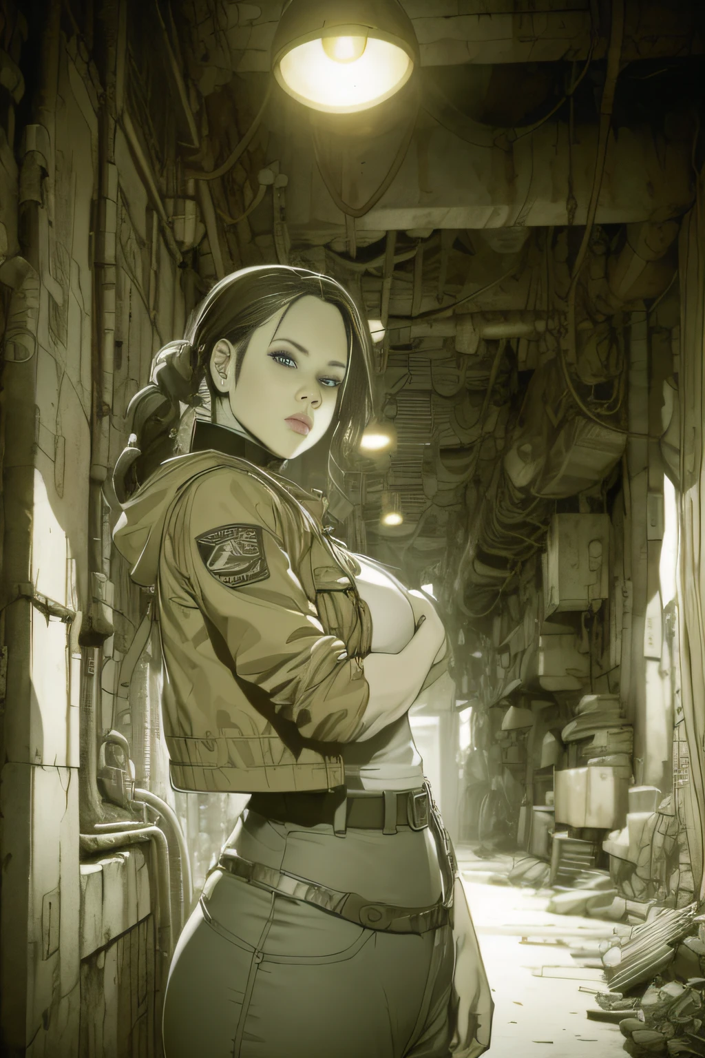 dynamicposes、(comic book style),(linear art_Anime),(masutepiece_Best Quality),(Cowboy Shot),Beautiful fece, (​masterpiece:1.2), (top-quality:1.2), perfect  eyes, face perfect, Perfect litthing, girl with、(jaket_Cargo pants),Background of Cyberpunk City、the complex background、