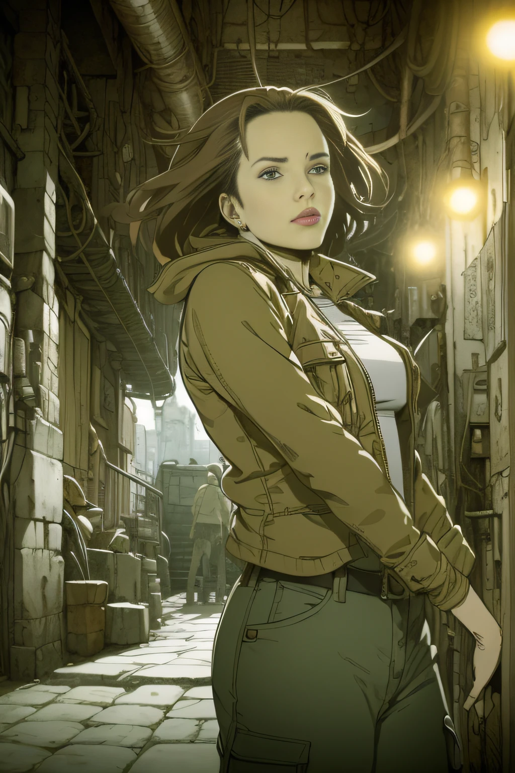 dynamicposes、(comic book style),(linear art_Anime),(masutepiece_Best Quality),(Cowboy Shot),Beautiful fece, (​masterpiece:1.2), (top-quality:1.2), perfect  eyes, face perfect, Perfect litthing, girl with、(jaket_Cargo pants),Background of Cyberpunk City、the complex background、