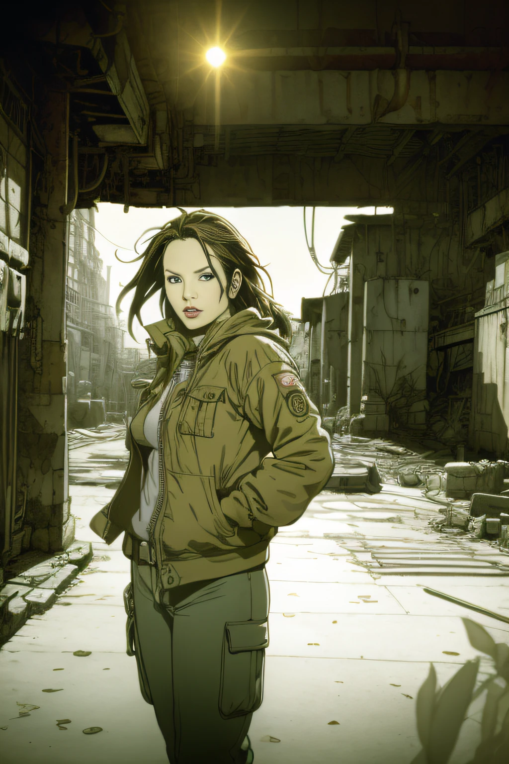 dynamicposes、(comic book style),(linear art_Anime),(masutepiece_Best Quality),(Cowboy Shot),Beautiful fece, (​masterpiece:1.2), (top-quality:1.2), perfect  eyes, face perfect, Perfect litthing, girl with、(jaket_Cargo pants),Background of Cyberpunk City、the complex background、