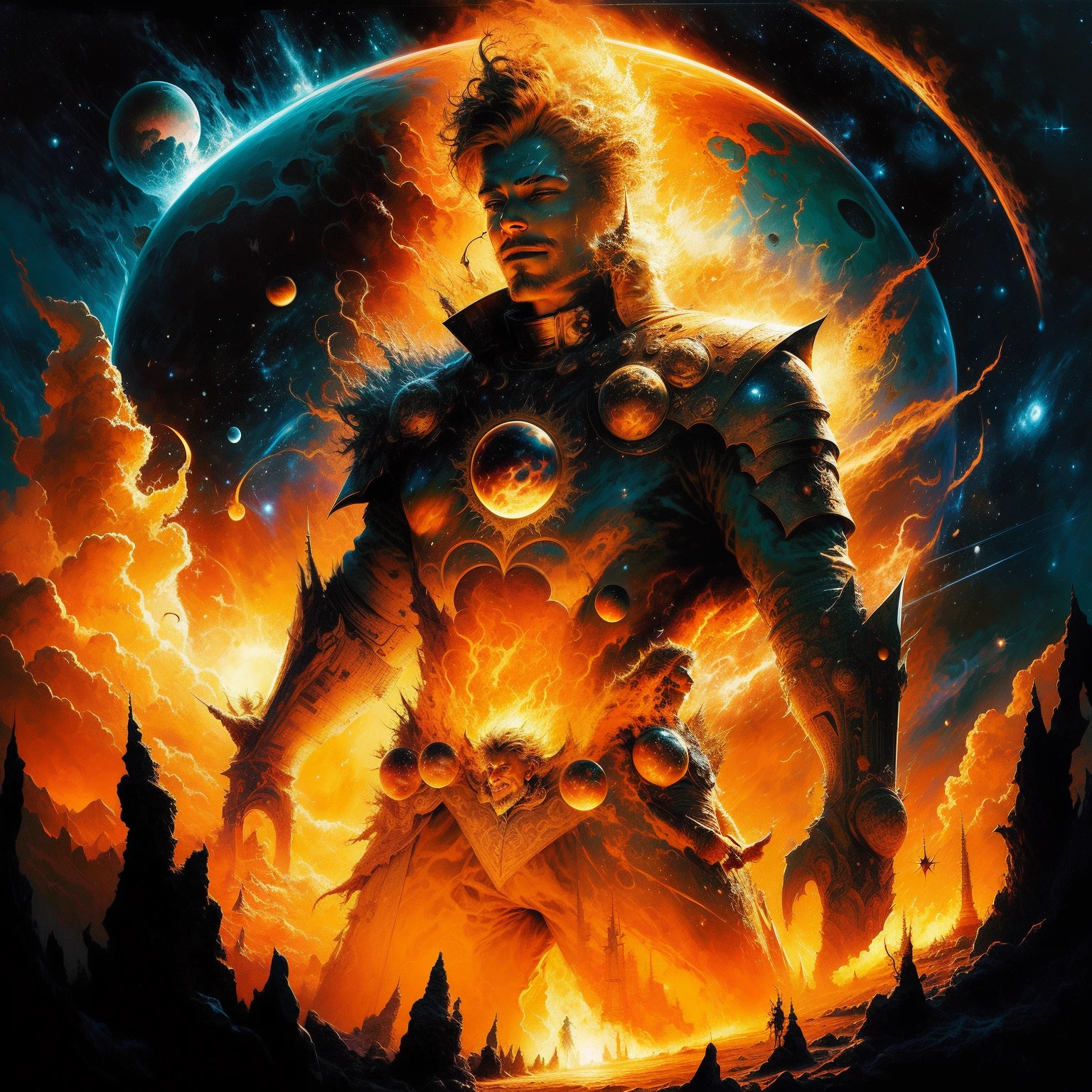 "Create a cover for a novel featuring the King of Suns, surrounded by an aura of fire, smiling in a celestial space setting. The King, portrayed as a man in sweat shorts with blond hair and blazing eyes, stands as the central figure against the backdrop of the cosmos. The cosmic expanse is painted in vibrant hues, with stars and galaxies scattered across the canvas. The King's fiery aura emanates warmth and power, and his confident smile hints at the epic tale that awaits within the pages of the novel."