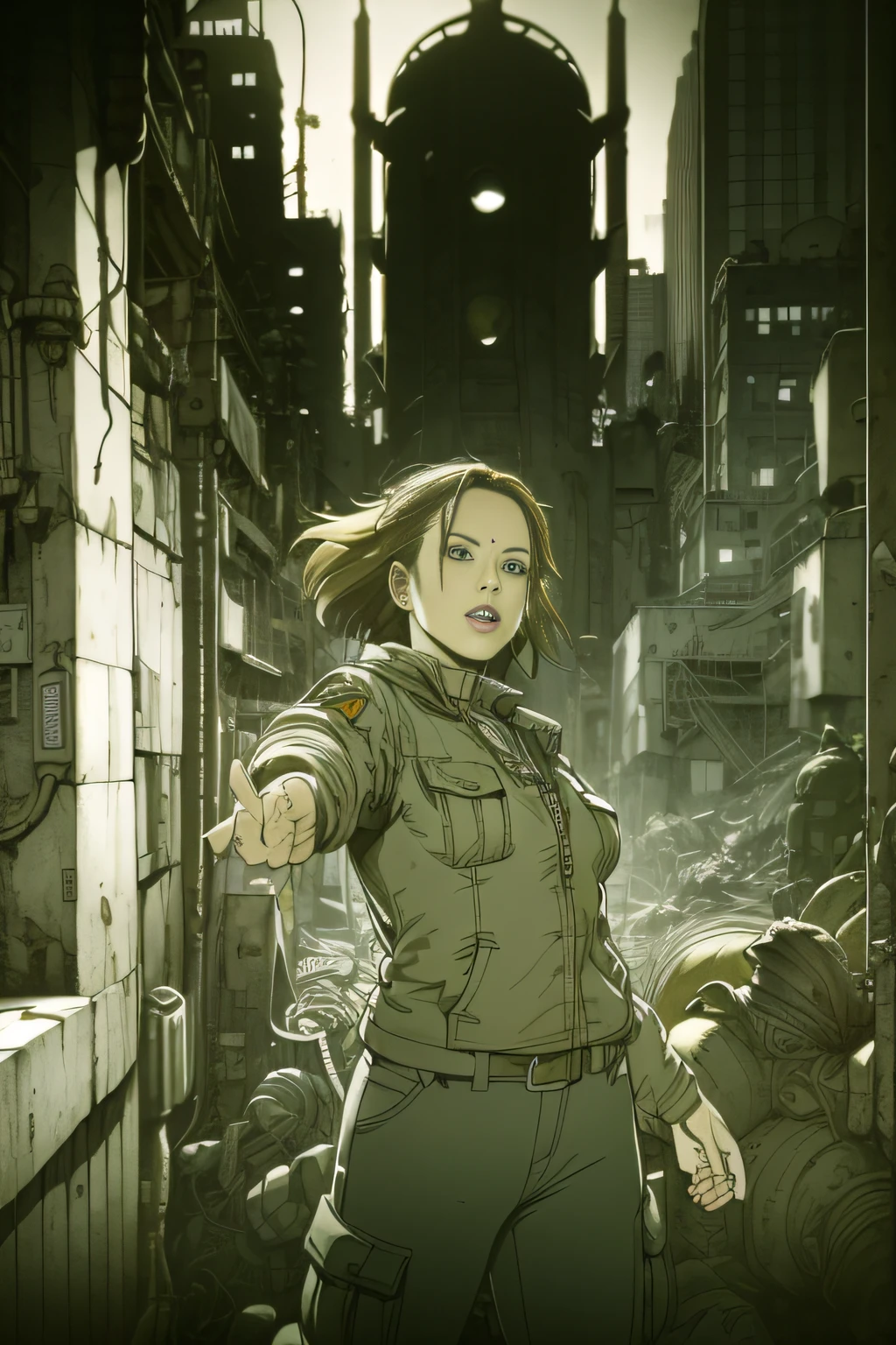 dynamicposes、(comic book style),(linear art_Anime),(masutepiece_Best Quality),(Cowboy Shot),Beautiful fece, (​masterpiece:1.2), (top-quality:1.2), perfect  eyes, face perfect, Perfect litthing, girl with、(jaket_Cargo pants),Background of Cyberpunk City、the complex background、