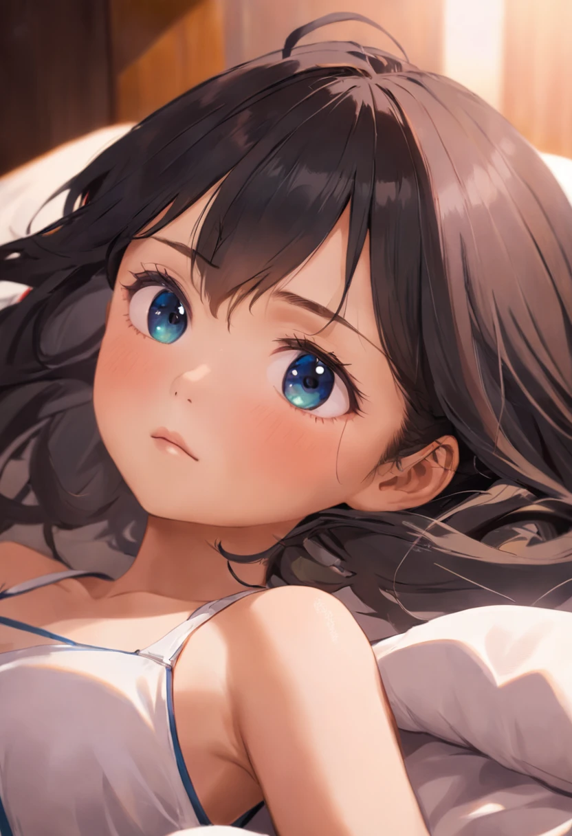 there is a woman that is laying down with a blanket, close-up face, Asian face, nomake-up, close - up face, close-up face, close up at face, soft eyes and narrow chin, close - up portrait, Close-up portrait, closeup shot of face, bedroom eyes, closeup of face, Gemma Chen, young cute wan asian face