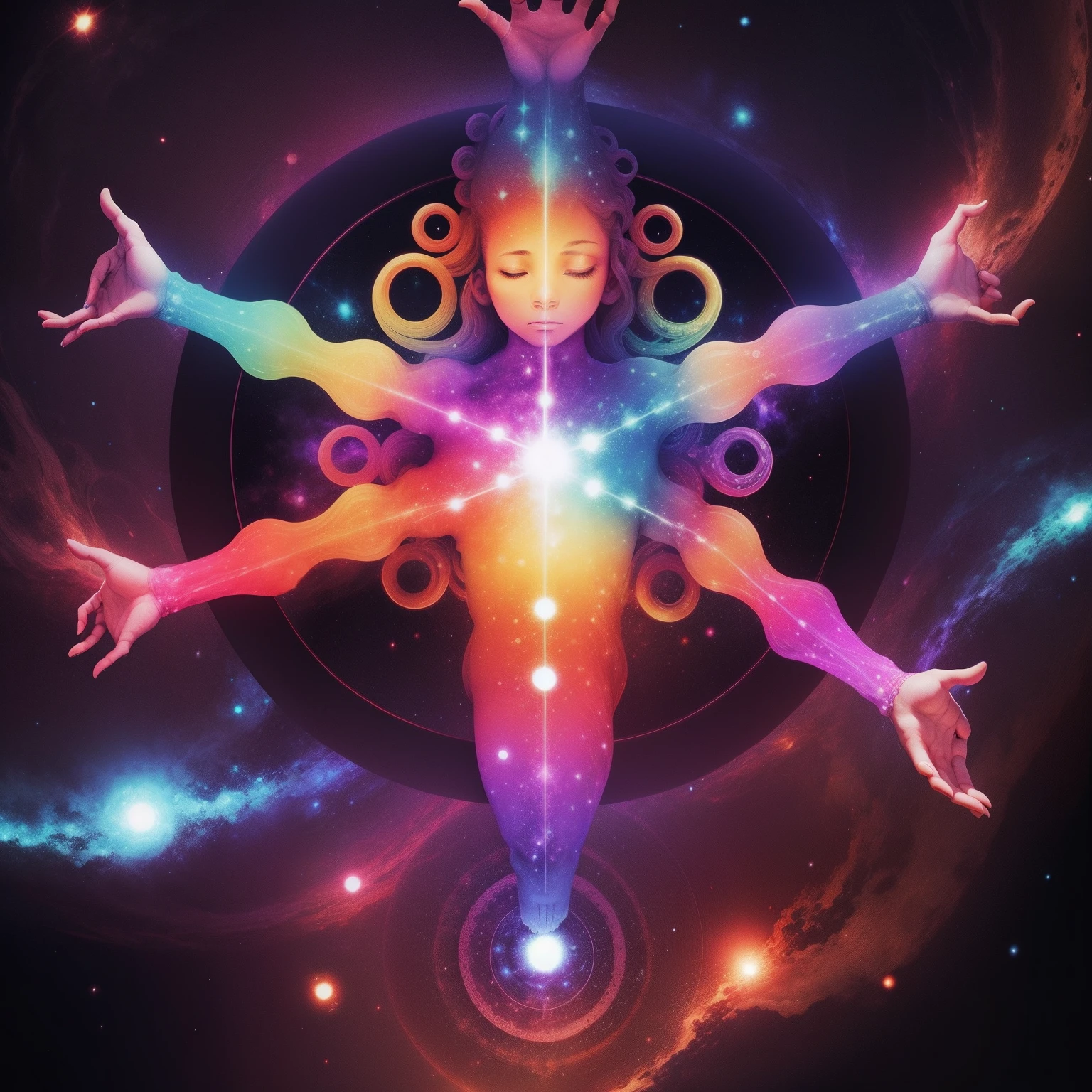 universe background, human body with (multiple arms:1.2), hand sign, meditation, psychedelic color