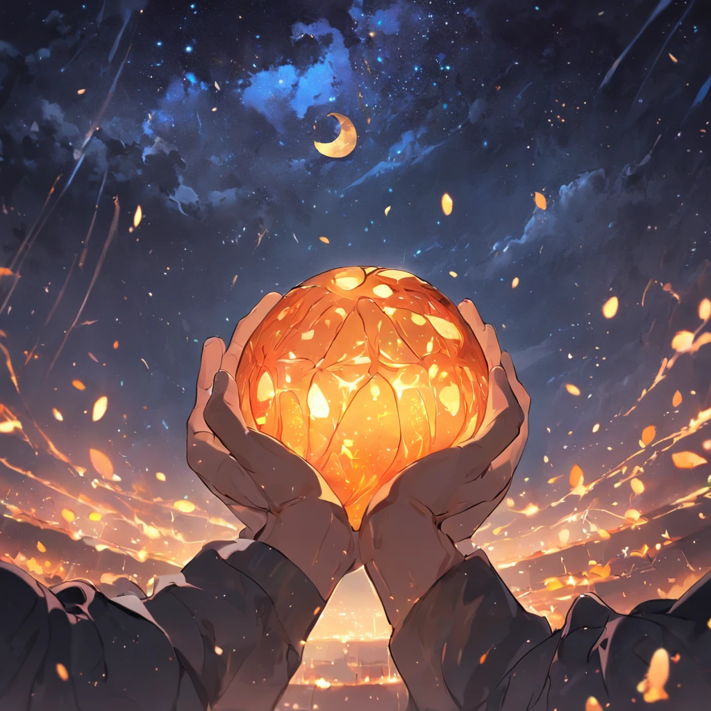 A very beautiful hand holding a gourd close-up,under the starry night sky