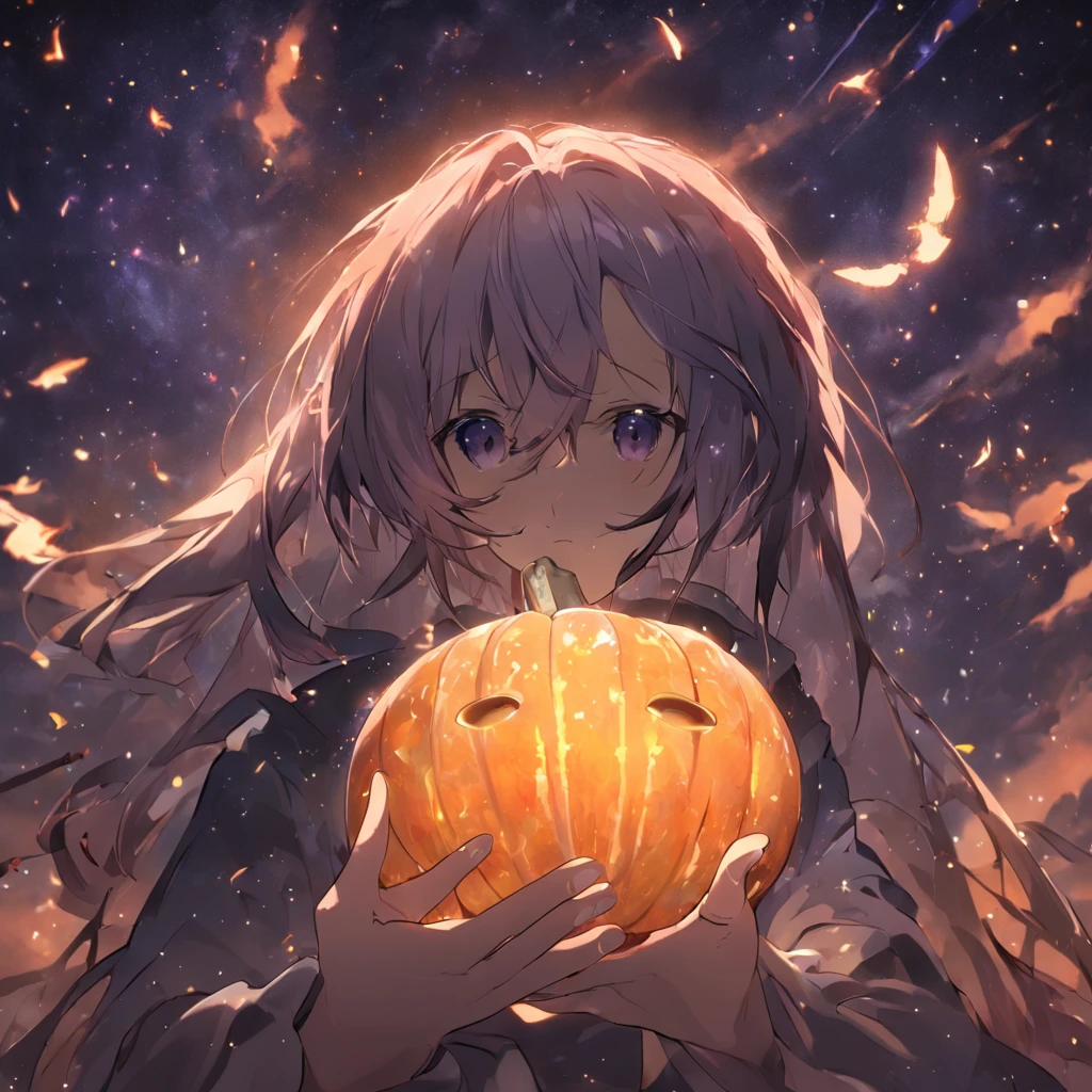 A very beautiful hand holding a gourd close-up,under the starry night sky