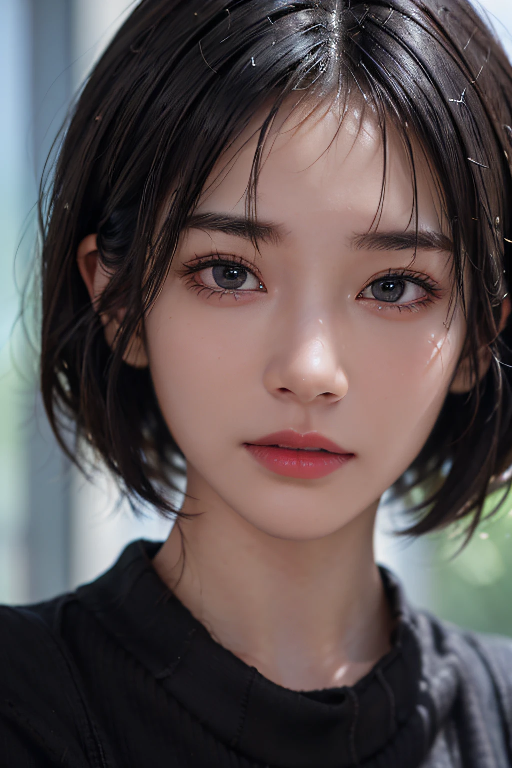 (masterpiece:1.3), (8k, photorealistic, RAW photo, best quality: 1.4), (1girl), beautiful face, (realistic face), (black hair, short hair:1.3), beautiful hairstyle, realistic eyes, beautiful detailed eyes, (realistic skin), beautiful skin, (sweater), absurdres, attractive, ultra high res, ultra realistic, highly detailed, golden ratio