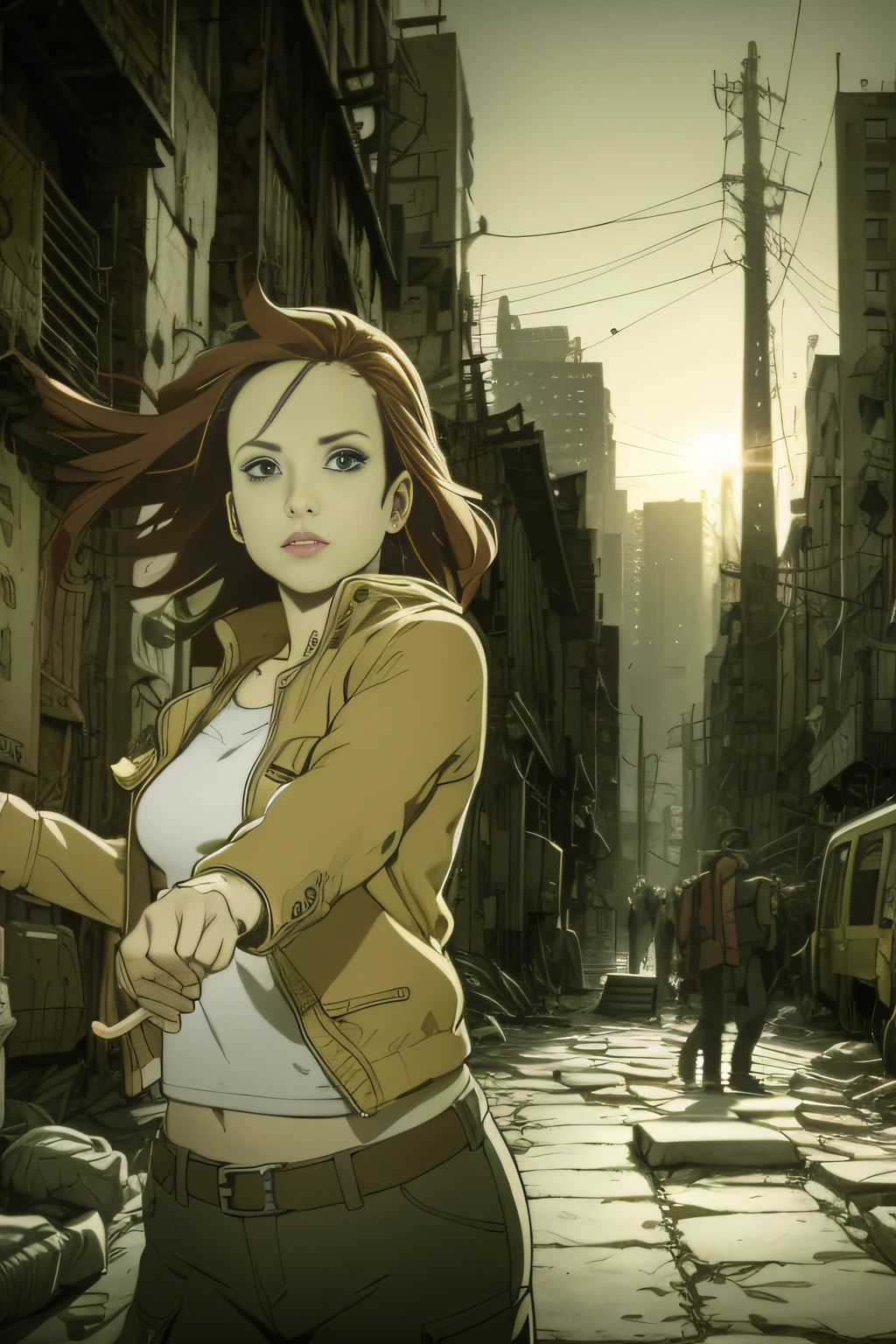 dynamicposes、(comic book style),(linear art_Anime),(masutepiece_Best Quality),(Cowboy Shot),Beautiful fece, (​masterpiece:1.2), (top-quality:1.2), perfect  eyes, face perfect, Perfect litthing, girl with、(jaket_Cargo pants),Background of Cyberpunk City、the complex background、