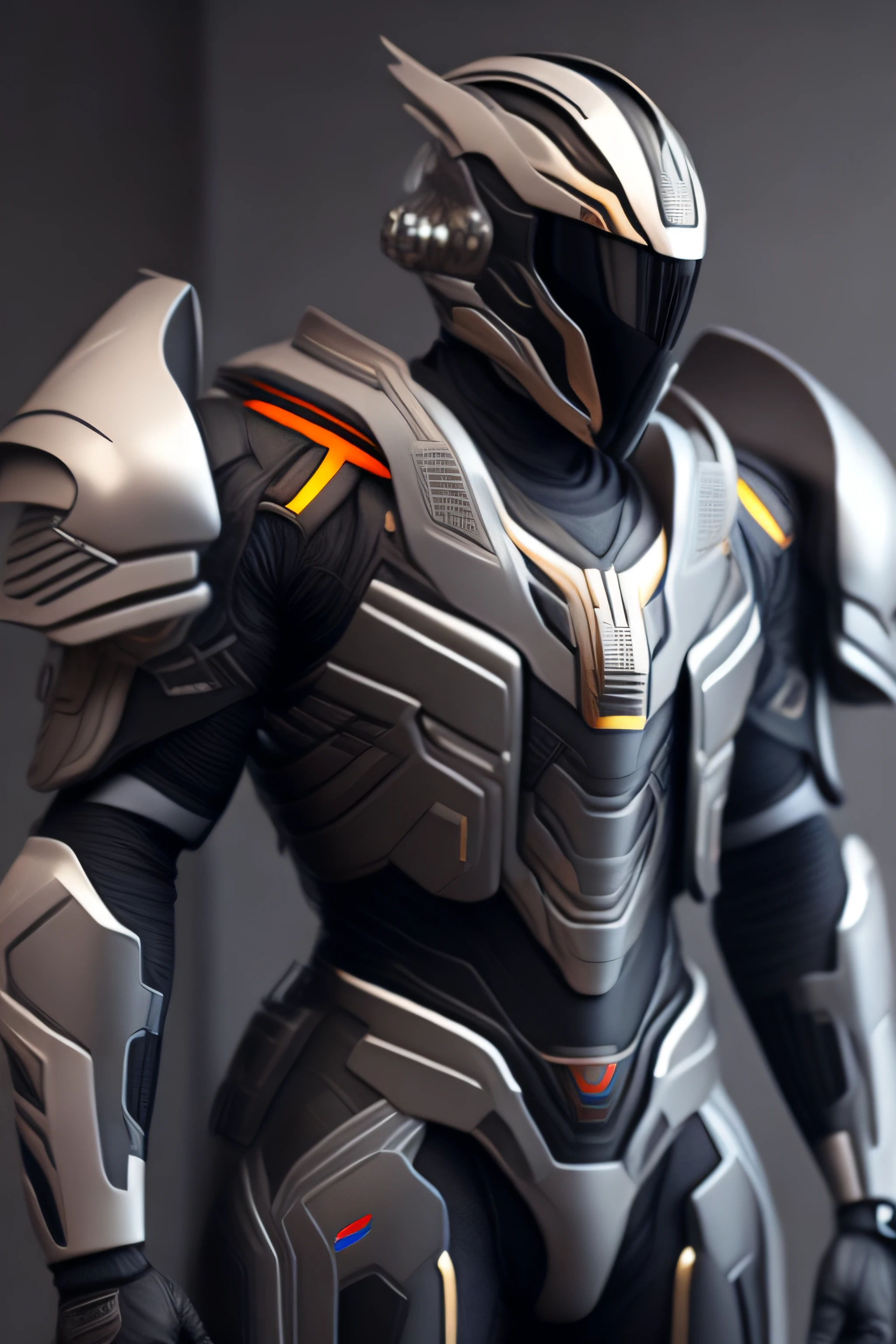 masterpiece, best quality, ultra high resolution, male body armour, realistic, futuristic, futuristic fire arms, black and grey body armour, full body, standing, full face helmet