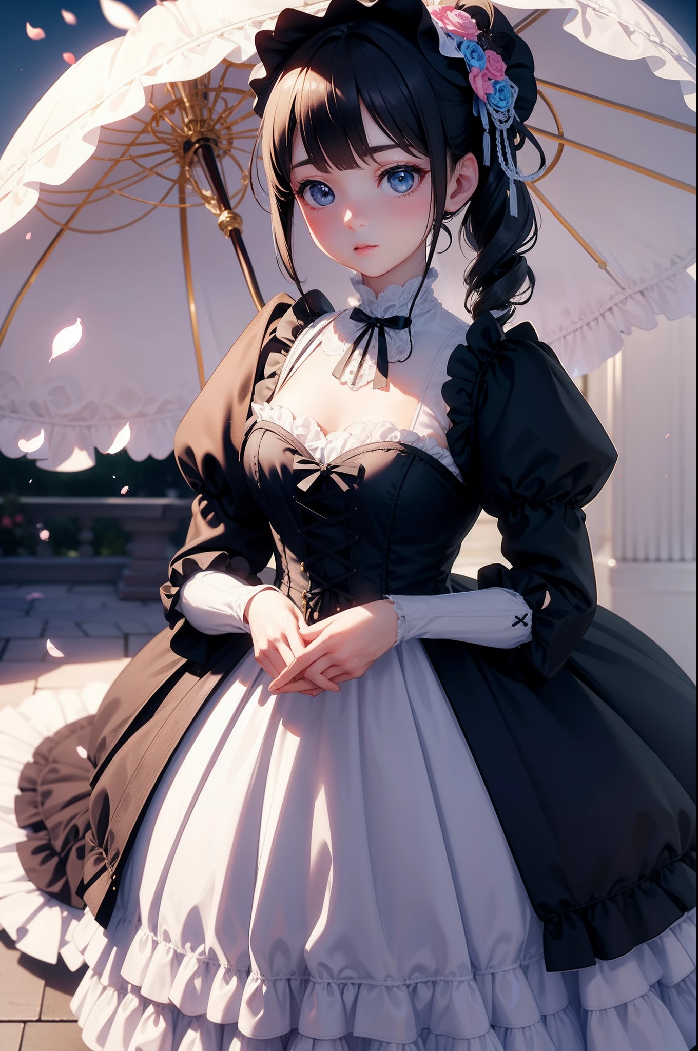 (Masterpiece), (best quality), silhouette of head of Victorian Girl、kawaii girl、aniime、 1. **lo fashion**: Victorian fashion is characterized by dressy and elegant design。Ruffles and laces、corsets、Try incorporating elements such as long dresses。 2. **hairstyle on**: Women's hairstyles in the Victorian era are often complex and delicate。Upstyling and curling、It is also a good idea to add ribbons and floral ornaments to the hair.。 3. **Features**: girl features with soft features、Beautiful、kawaii、intelligent Beatty, Beautiful 5. **accessorized**: Accessories played an important role in the Victorian era。Hats、gloves、umbrellas, etc.、By drawing accessories with attention to detail、You can give your character personality。 Nice dress、florals、Luxurious costumes、PastelColors, (shining brightly), ((dazzling)), (floating a lot of flower petals, ((3D)),