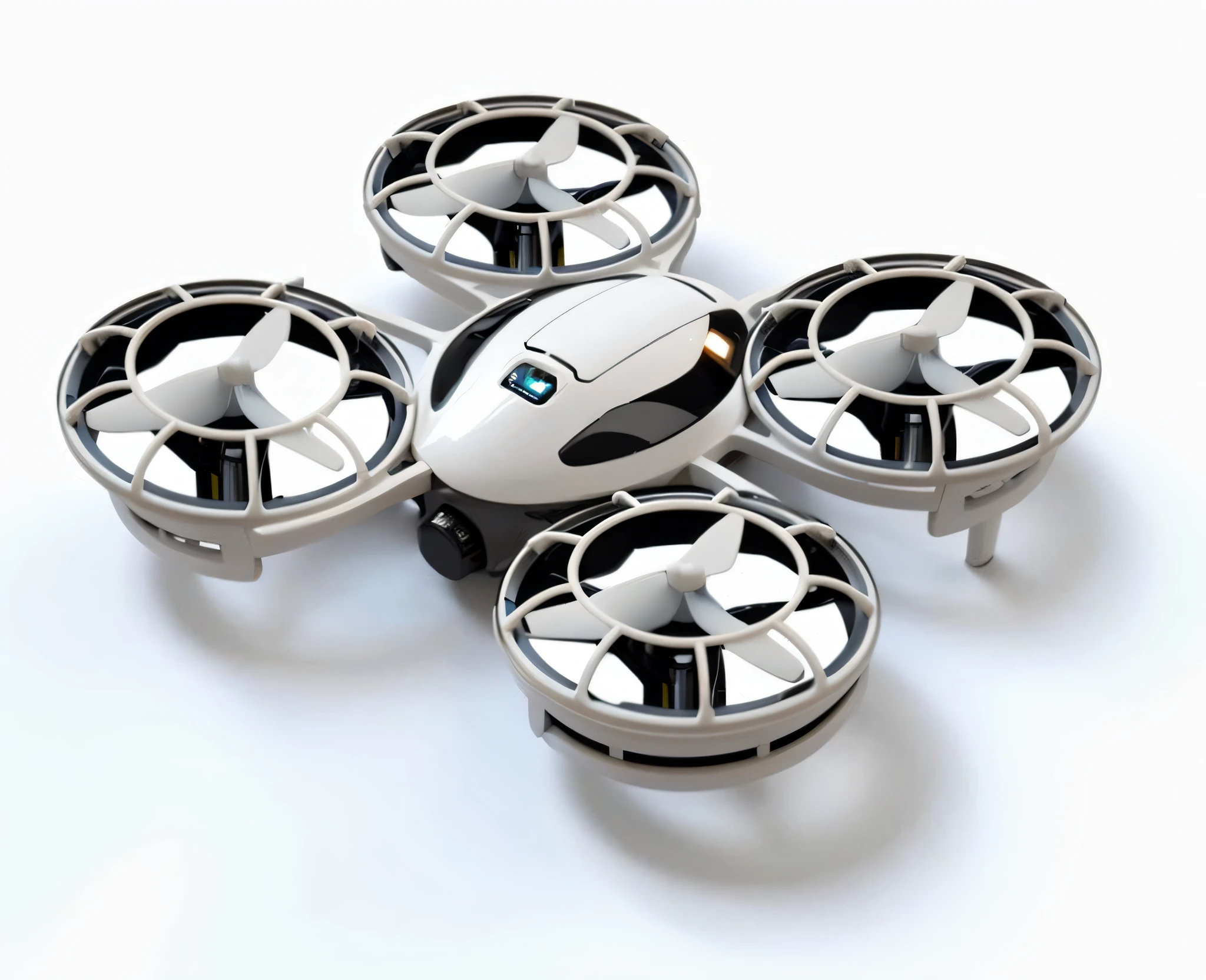 Close-up of a small white drone,White surface with propellers, robotic drones, futuristic chrome drones, UAVs, Fly drones, it has six thrusters in the back, hovering drone, reaver drone, drones, FPV, UAVs, helicopter drones, Punk drones, rendering, drone point of view, Very futuristic, with 3d render, with 3 d render