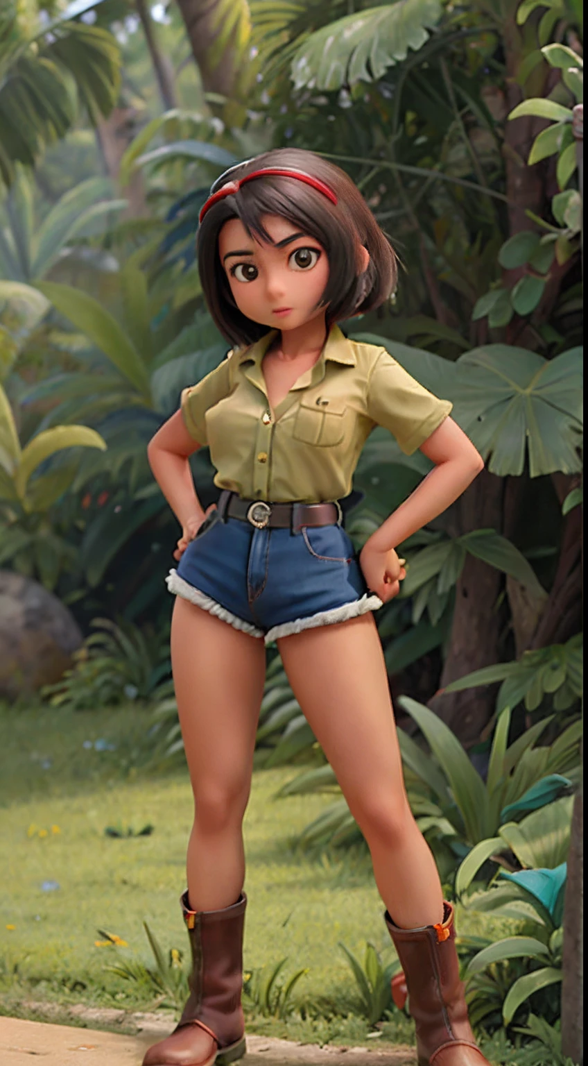 (Masterpieci)An Asian girl (solo),*******,pele clara,cabelo preto,green button-down shirt,shorts curto marrom,botas marrom,seios grandes,bunda grande,no meio da selva,melhor qualidade,8k,corpo inteiro