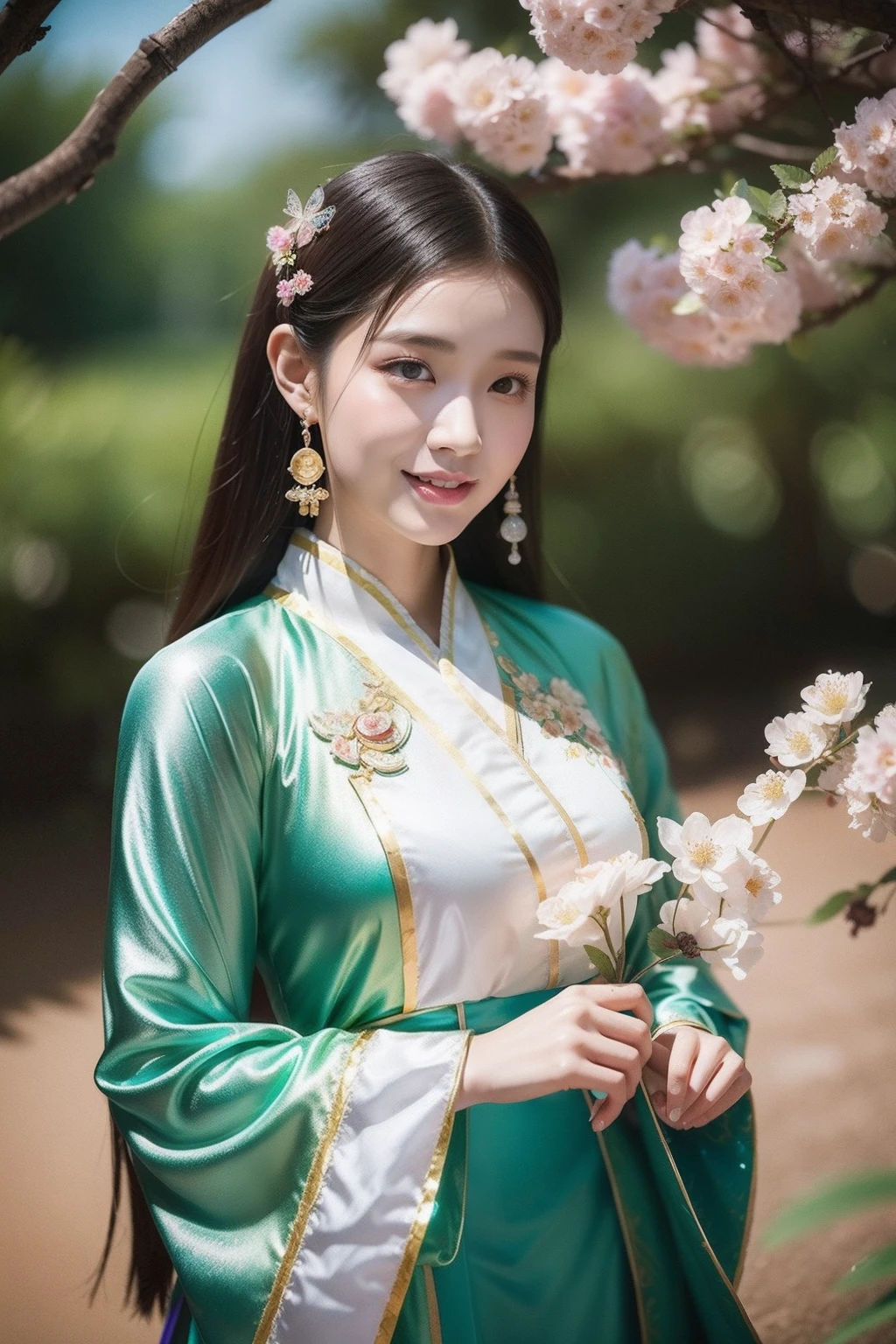 (8K分辨率,close-up all over the body),(1womanl,18yr old,((Facial features of Thai Esther:1.8,s delicate face,详细的脸),A confident smile),Fair smooth skin,(Best Skin Type:1.21),busty figure,((Hanfu, Wear it with extremely complex outfits, Ancient family clothes,Xianxia costume, Chinese costume,Luxury silk ski spinning,(Ultrathin,softness)),Elongated earrings,Soft cute,(Girl in a sea of flowers,Natural dependence,Naturally placed hands),delicate artwork,perfect hand,Ultra-fine clothing material),(lakeside,Peach blossom forest full of flowers,Exquisite details of the setting),(Professional lighting,动态照明),((Dignified and elegant,white colors,in pink,cyan colors))),(Golden section,Cinema lenses,Hasselblad photograp,tmasterpiece:1.3),(Xianxia,vintage art,trendsetting,Official propaganda,Art platform)