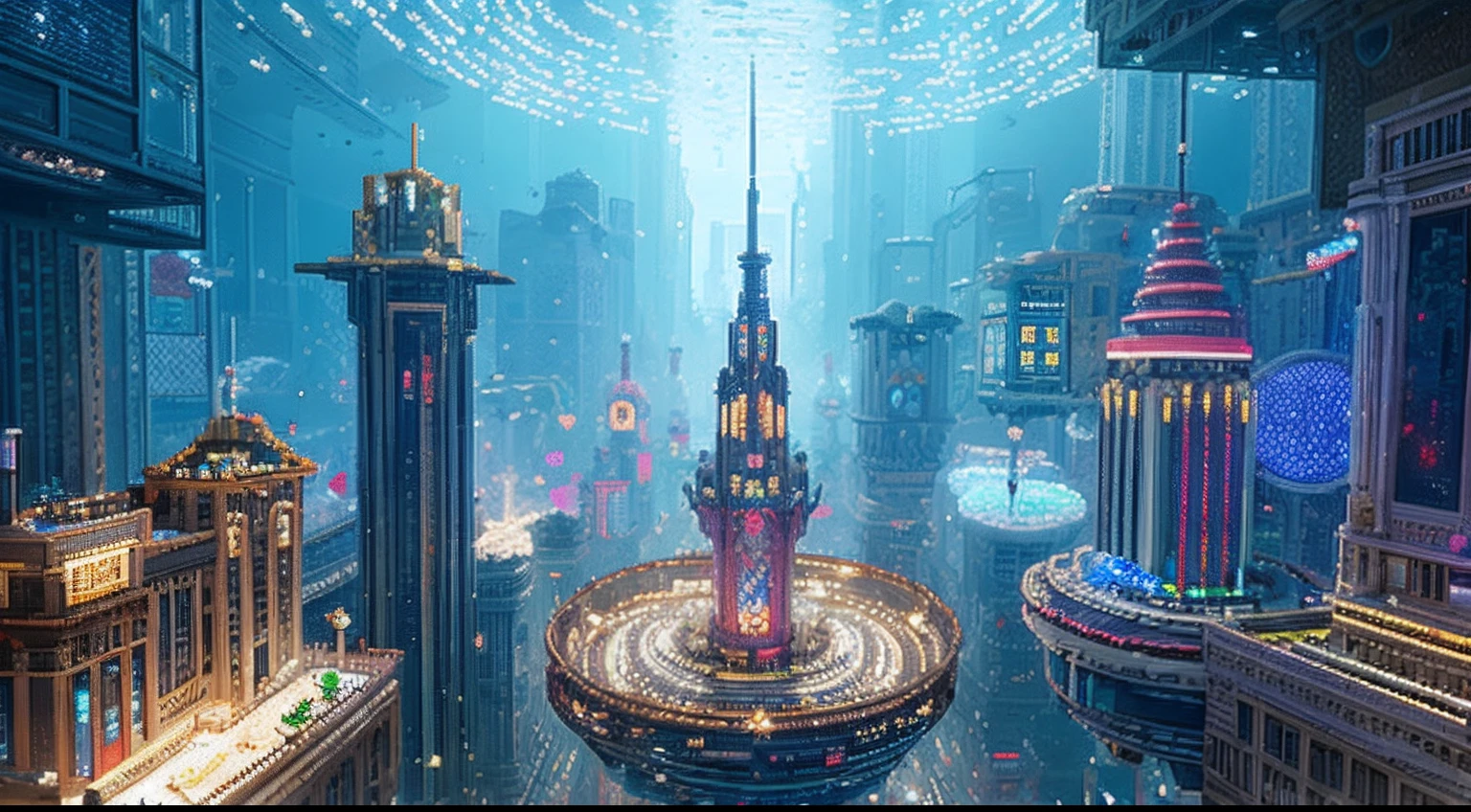 pixel game,scenography,fantastical scenes,Space City,levitating, Pixel art #pixelart