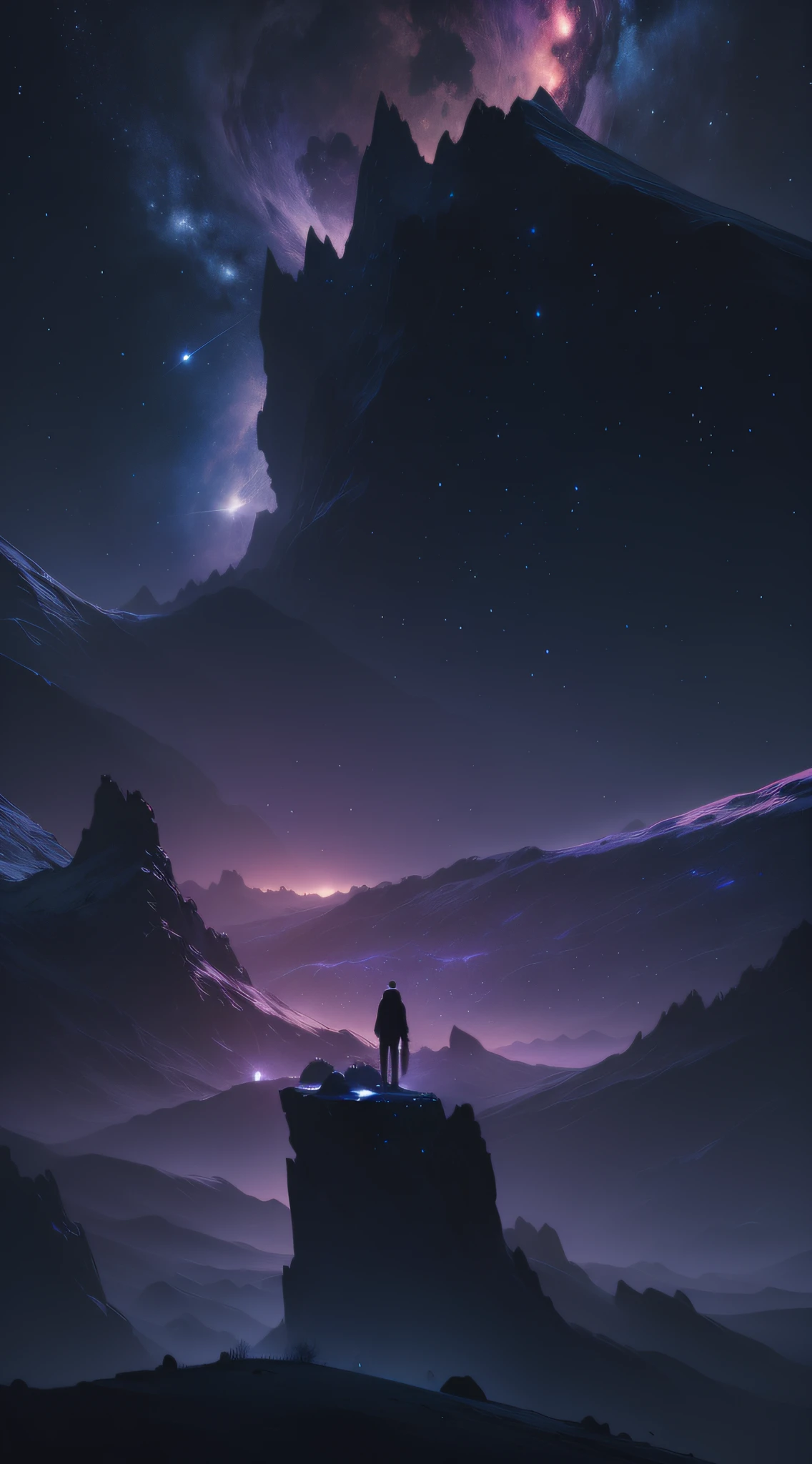 Starry night sky with lonely man in the mountains, Inspired by Christopher Balaskas, author:Christopher Balaskas, 4k highly detailed digital art, epic fantasy sci fi illustration, 8K stunning artwork, galactic landscape, cosmos sem fim no fundo, 4K detailed digital art, Science-fi digital art illustration, Concept art wallpaper 4K, space art concept