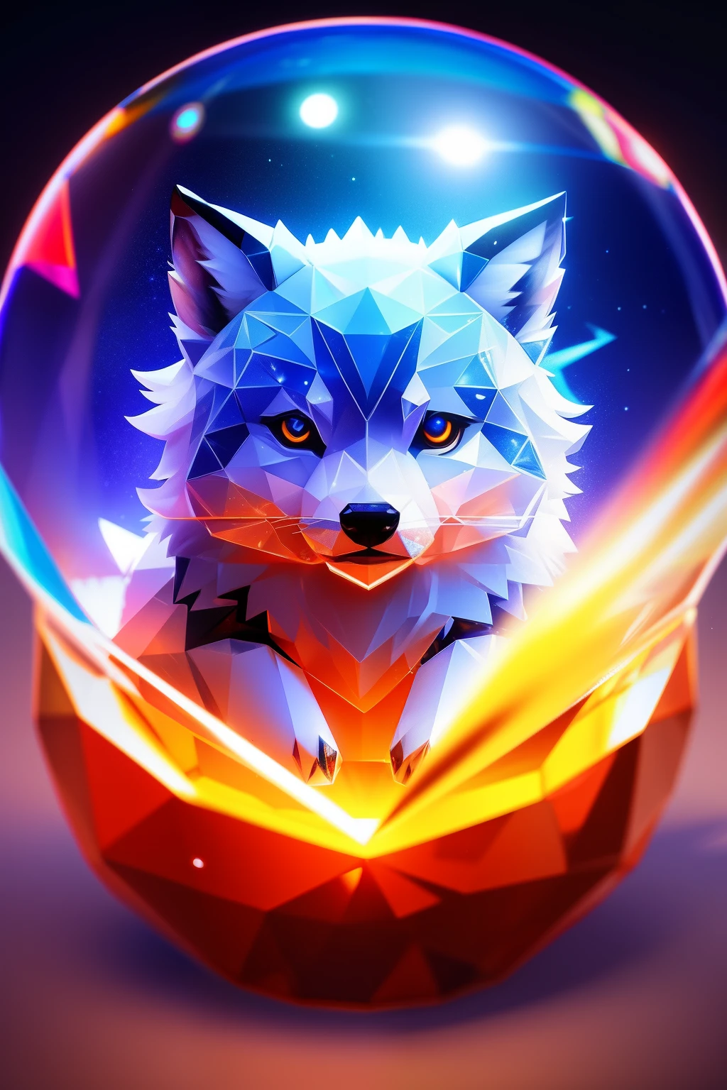 A cute adorable baby wolf made of crystal ball with low poly eye's surrounded by glowing aura, flamming sparkles highly detailed intricated concept art trending artstation 8k