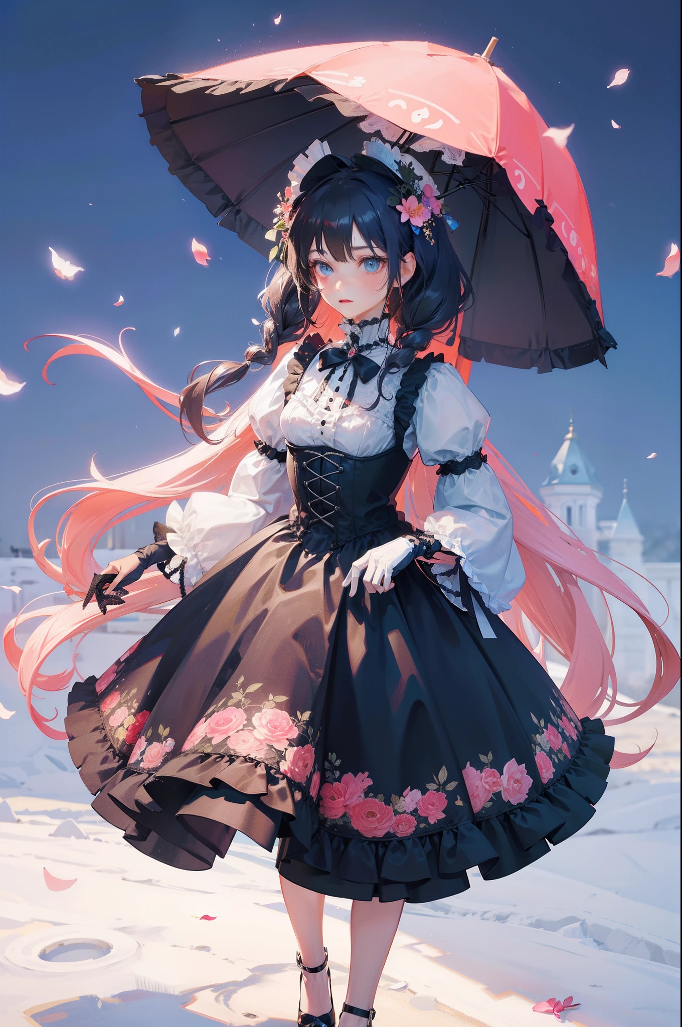 (Masterpiece), (best quality), silhouette of head of Victorian Girl、kawaii girl、aniime、 1. **lo fashion**: Victorian fashion is characterized by dressy and elegant design。Ruffles and laces、corsets、Try incorporating elements such as long dresses。 2. **hairstyle on**: Women's hairstyles in the Victorian era are often complex and delicate。Upstyling and curling、It is also a good idea to add ribbons and floral ornaments to the hair.。 3. **Features**: girl features with soft features、Beautiful、kawaii、intelligent Beatty, Beautiful 5. **accessorized**: Accessories played an important role in the Victorian era。Hats、gloves、umbrellas, etc.、By drawing accessories with attention to detail、You can give your character personality。 Nice dress、florals、Luxurious costumes、PastelColors, (shining brightly), ((dazzling)), (floating a lot of flower petals, ((3D)),
