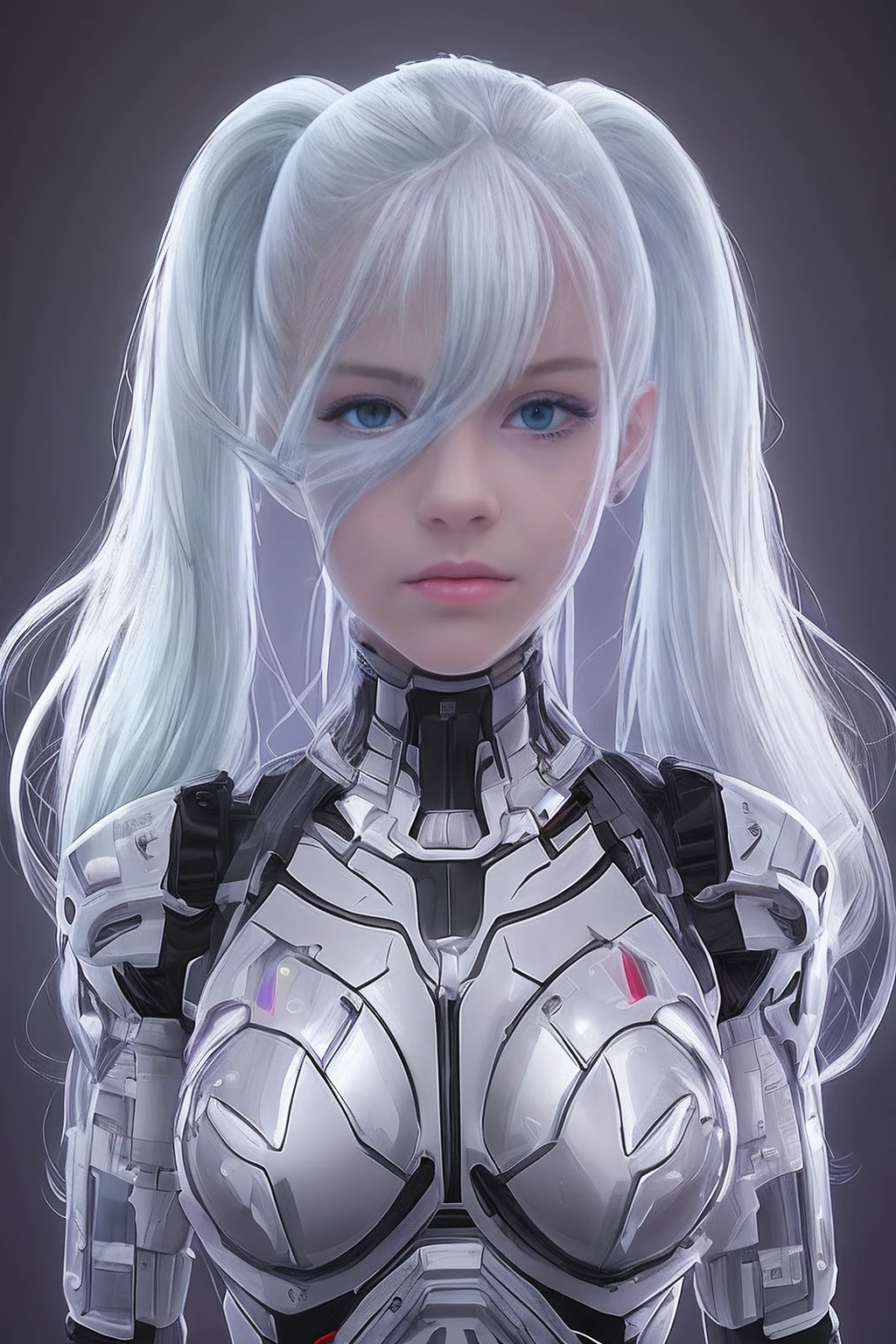 Full-body cybernetic girl with a ponytail. O rosto de Ariana Grande. Bright white color to show that she is a cyber whit laser rifle girl. Sobrancelhas brancas. roupas como catsuit. She also has bright blue eyes. The environment is like a terminator. Hair is platinum. She is illuminated with the bright blue color on one side of her face. Led como. And both hands also have the led light. --auto