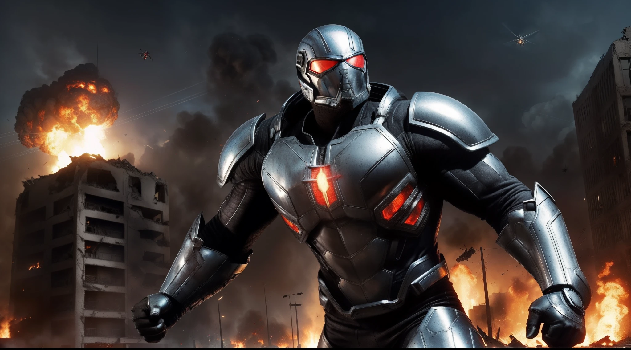 (maximum quality) man (super strong), (big black hair), fighting giant spiders in a destroyed city, (born fighter), (metallic spiders jumping on hero), metallic tech suit with blue and gray details(big shoulder pad and detailed) (red round symbol on chest), burning cars in decaying streets, burning buildings, crumbling buildings, shrapnel everywhere, helicopters in the skies