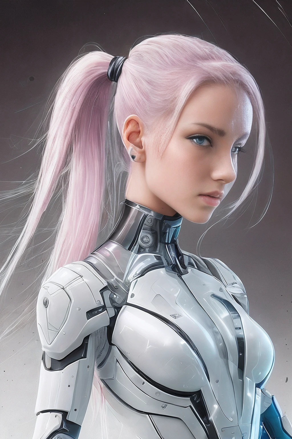 Full-body cybernetic girl with a ponytail. O rosto de Ariana Grande. Bright white color to show that she is a cyber whit laser rifle girl. Sobrancelhas brancas. roupas como catsuit. She also has bright blue eyes. The environment is like a terminator. Hair is platinum. She is illuminated with the bright blue color on one side of her face. Led como.  And both hands also have the led light. --auto