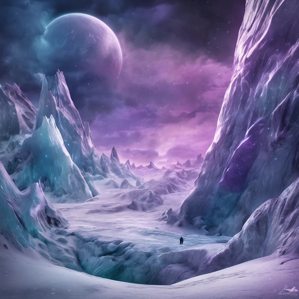 tmasterpiece, Epic artwork, Snow Demon Tundra, Glaciers in the light of the aurora, , Purple cyan, quasar,Celestial debris,quasar, Beam, Magic, Energy, Fantasy, Snow Goblin, Chilling Wind,,Silvertone,white colors,Extreme ice plateau rendered by intertwined purples,Third-Person,Faraway view