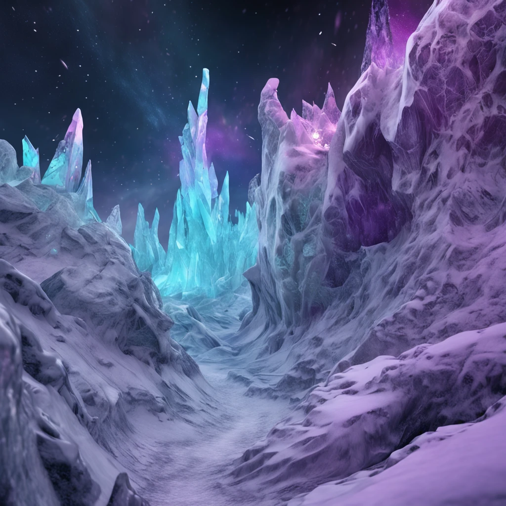 tmasterpiece, Epic artwork, Snow Demon Tundra, Glaciers in the light of the aurora, , Purple cyan, quasar,Celestial debris,quasar, Beam, Magic, Energy, Fantasy, Snow Goblin, Chilling Wind,，Silvertone，white colors，Extreme ice plateau rendered by intertwined purples，Third-Person，Faraway view