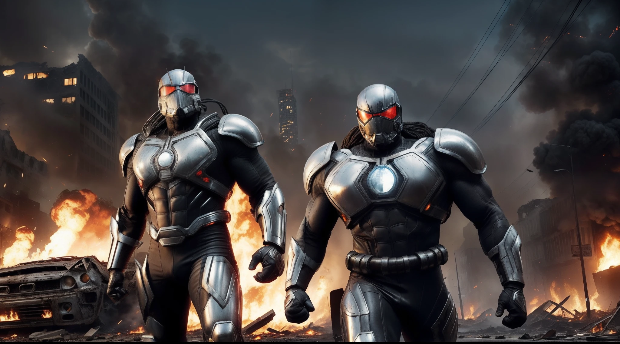 (maximum quality) man (super strong), (big black hair), fighting giant spiders in a destroyed city, (born fighter), (metallic spiders jumping on hero), metallic tech suit with blue and gray details(big shoulder pad and detailed) (red round symbol on chest), burning cars in decaying streets, burning buildings, crumbling buildings, shrapnel everywhere, helicopters in the skies