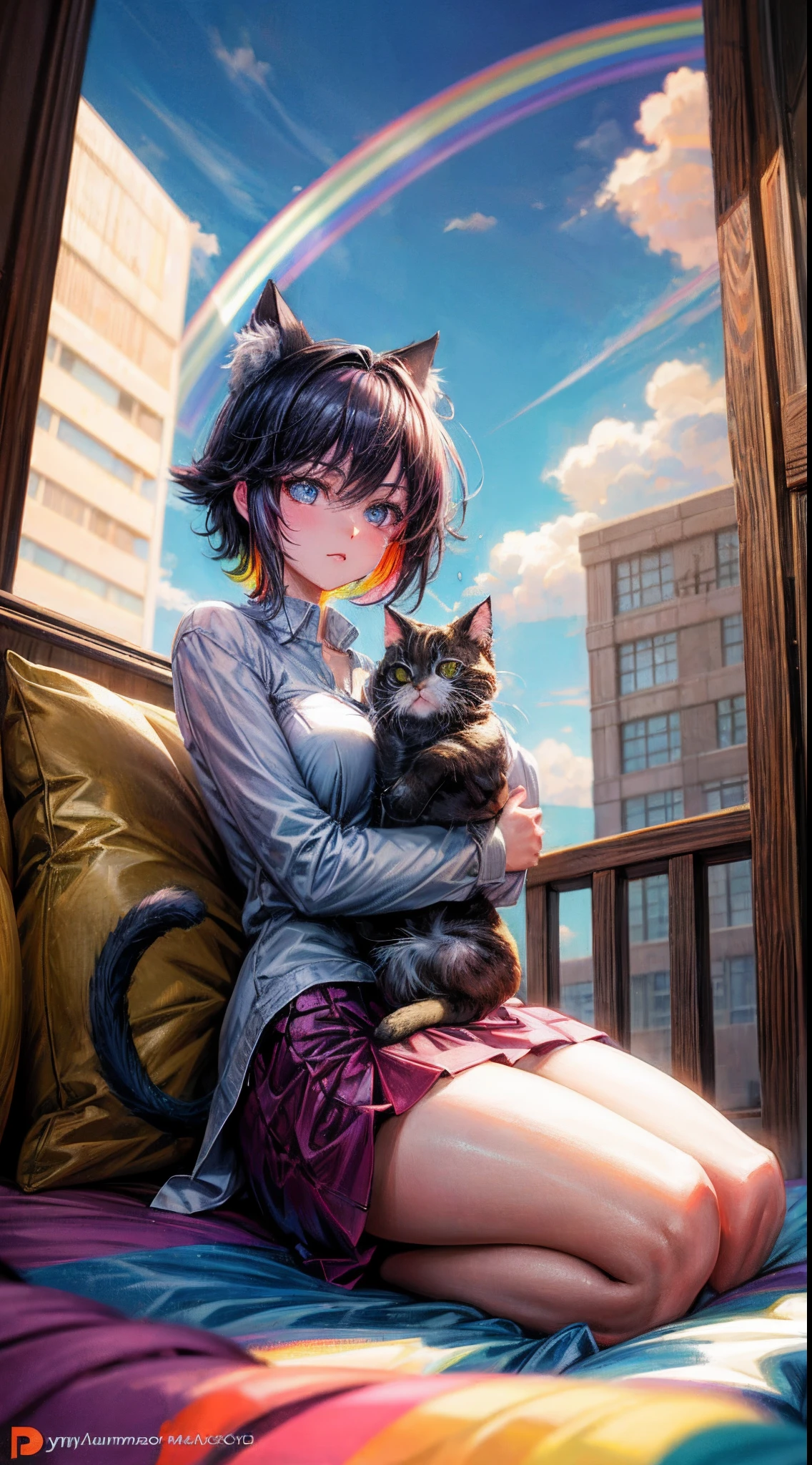 ((Rainbow Daytime Sky))、Anime girl cuddling a cat,Near Future City、 makoto shinkai cyril rolando, anime art wallpaper 4k, anime art wallpaper 4k, Anime art wallpaper 8k, inspired by Cyril Rolando, in the style dan mumford artwork, amazing wallpapers, by Yuumei