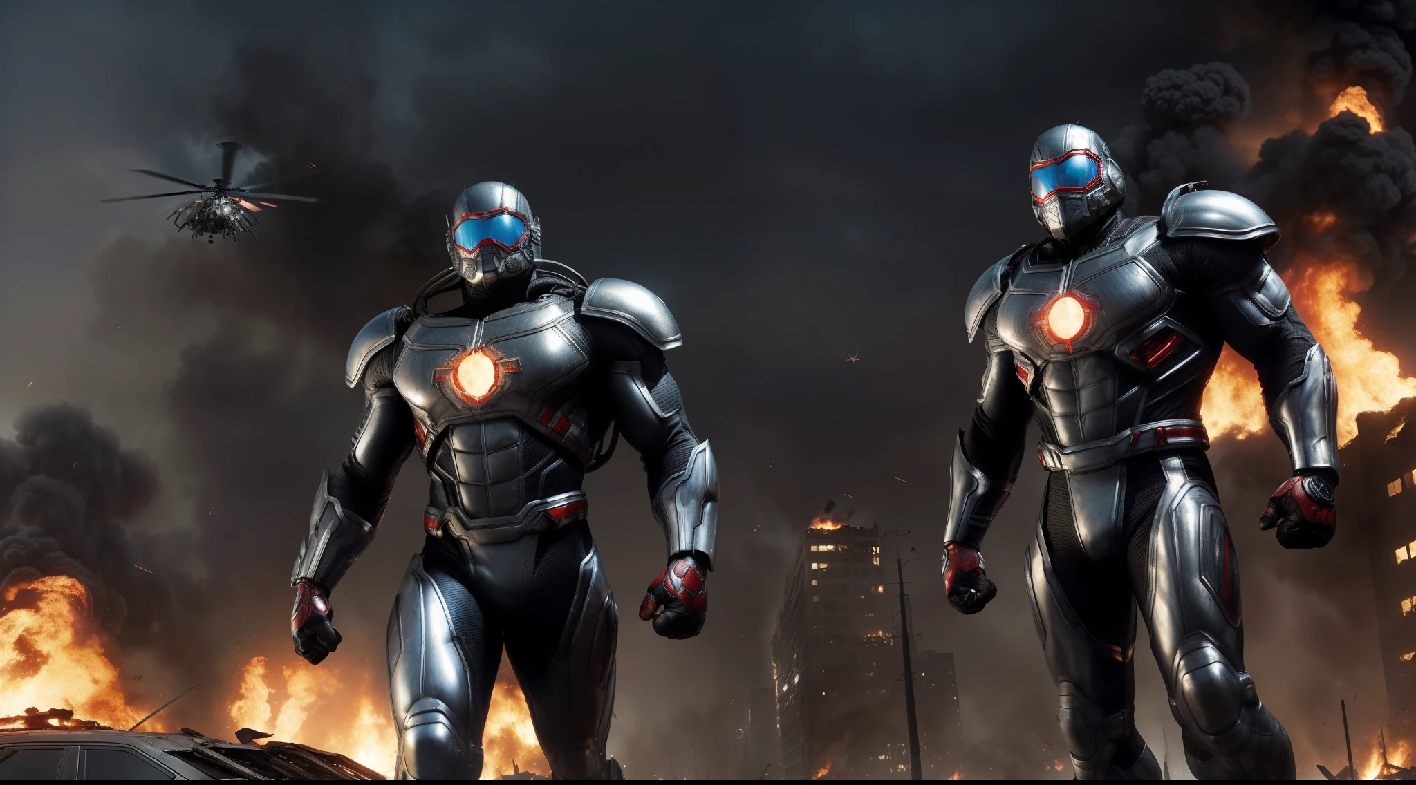 (maximum quality) man (super strong), (big black hair), fighting giant spiders in a destroyed city, (born fighter), (metallic spiders jumping on hero), metallic tech suit with blue and gray details(big shoulder pad and detailed) (red round symbol on chest), burning cars in decaying streets, burning buildings, crumbling buildings, shrapnel everywhere, helicopters in the skies