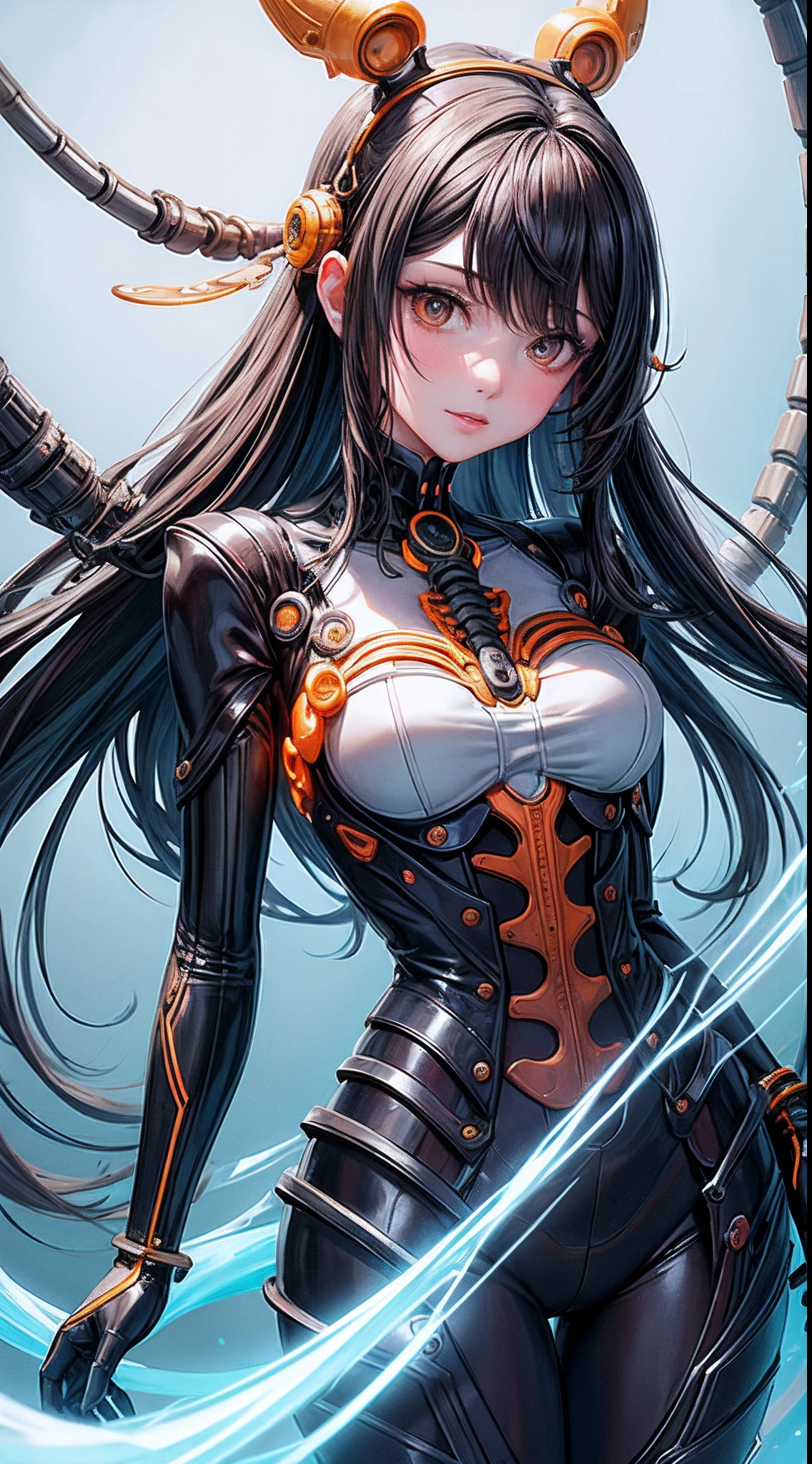 (((obra maestra))), ((mejor calidad)), (super detalle), (cg illustration), (Muy malvado y hermoso)), light cinematic, ((1 mechanical girl)), soltero, (Mechanical Art: 1.4), ((Orange mechanical member)), ((mechanical spine attached to the back)), ((orange Mechanical cervical vertebrae attached to the neck), (Espalda al espectador)), inexpresivo, ( alambres y cables unidos a la cabeza y al cuerpo: 1.5), Science-Fiction, Apocalipsis, ruinas, (sangre: 1.5), crueldad, absurdo, erotismo, Merging with machines, Hora del fin del mundo, Super future, inorganic, laboratorio, restraine, (Hermosa indulgencia: 1.2), (1 girl in: 1.3), Body wrapped around mechanical tentacles