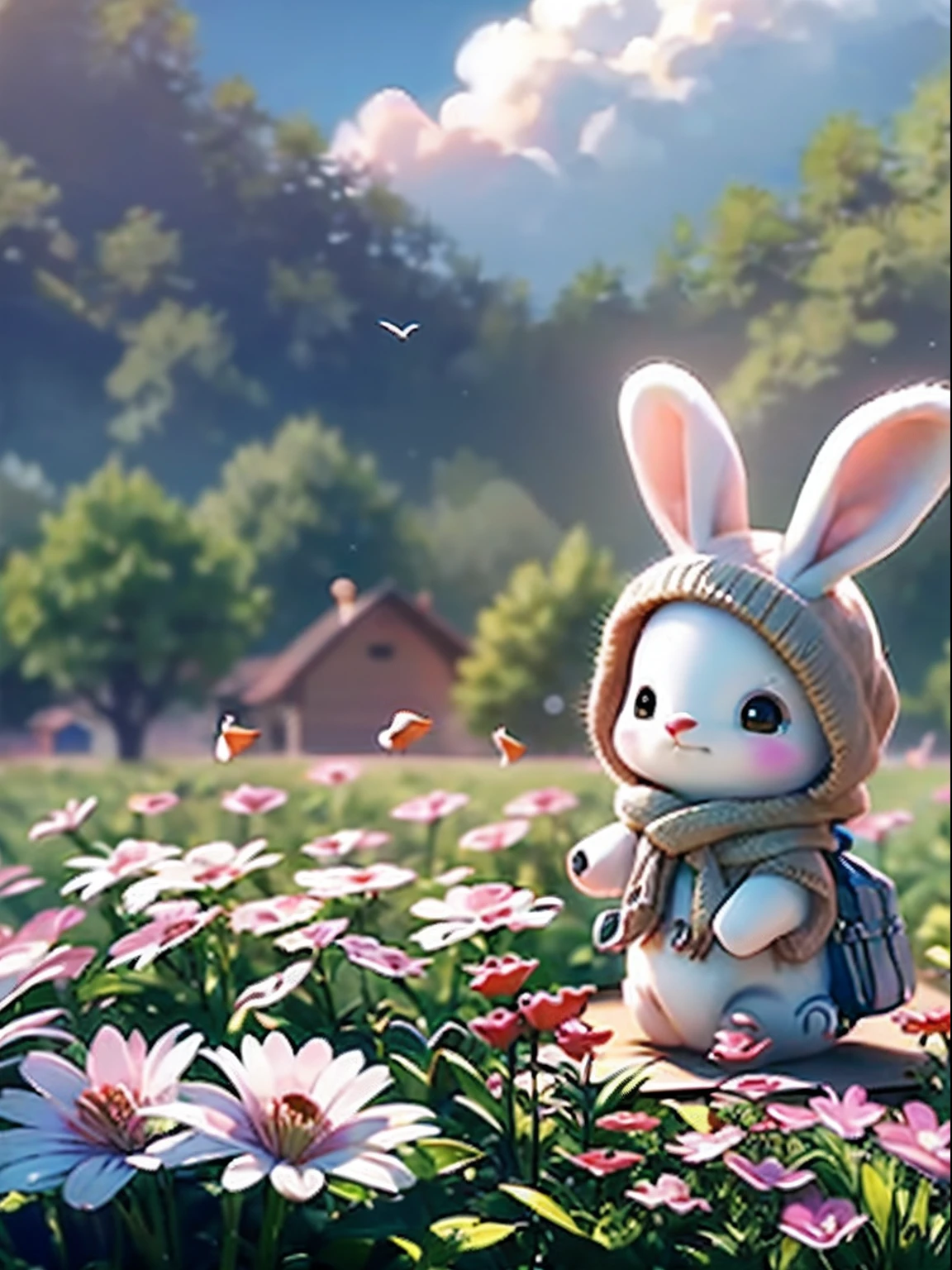 master part, best quality, Small rabbit looking at rainbow in blue sky, O sol, The Green Space, flores, campo, birds flying