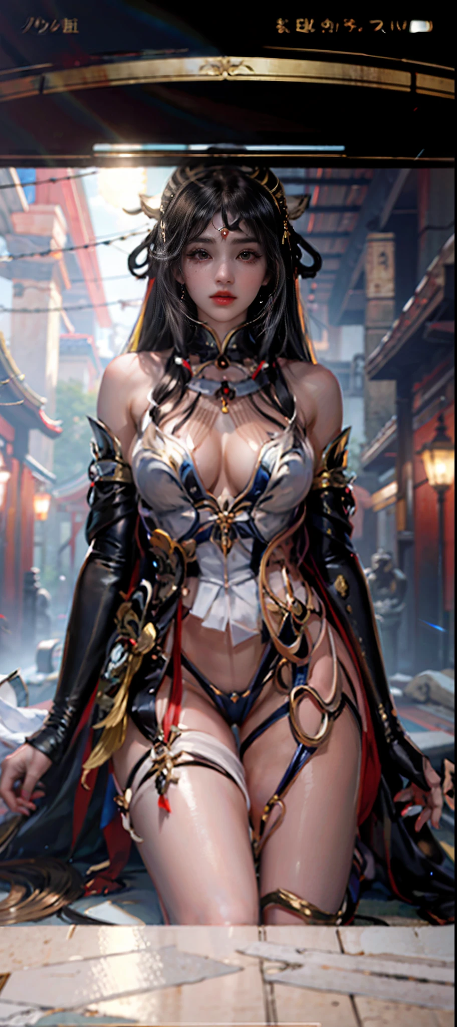 NSFW, Realistic super nasty fox woman, Big, A priestess sitting on the door of the shrine's torii, Fluffy priestess uniform, full bodyesbian, Angular eyes, Hair between the eyes, hair messy, Gentle and attractive, Bare shoulders, delicate sexy collarbone, full - length photo, charming oval face, Double eyelids, Small nose, Noble, hyper HD, Super detail, Elegant posture, glistning skin, Wear sweat, emphasizing thighs and crotch, camel-toe