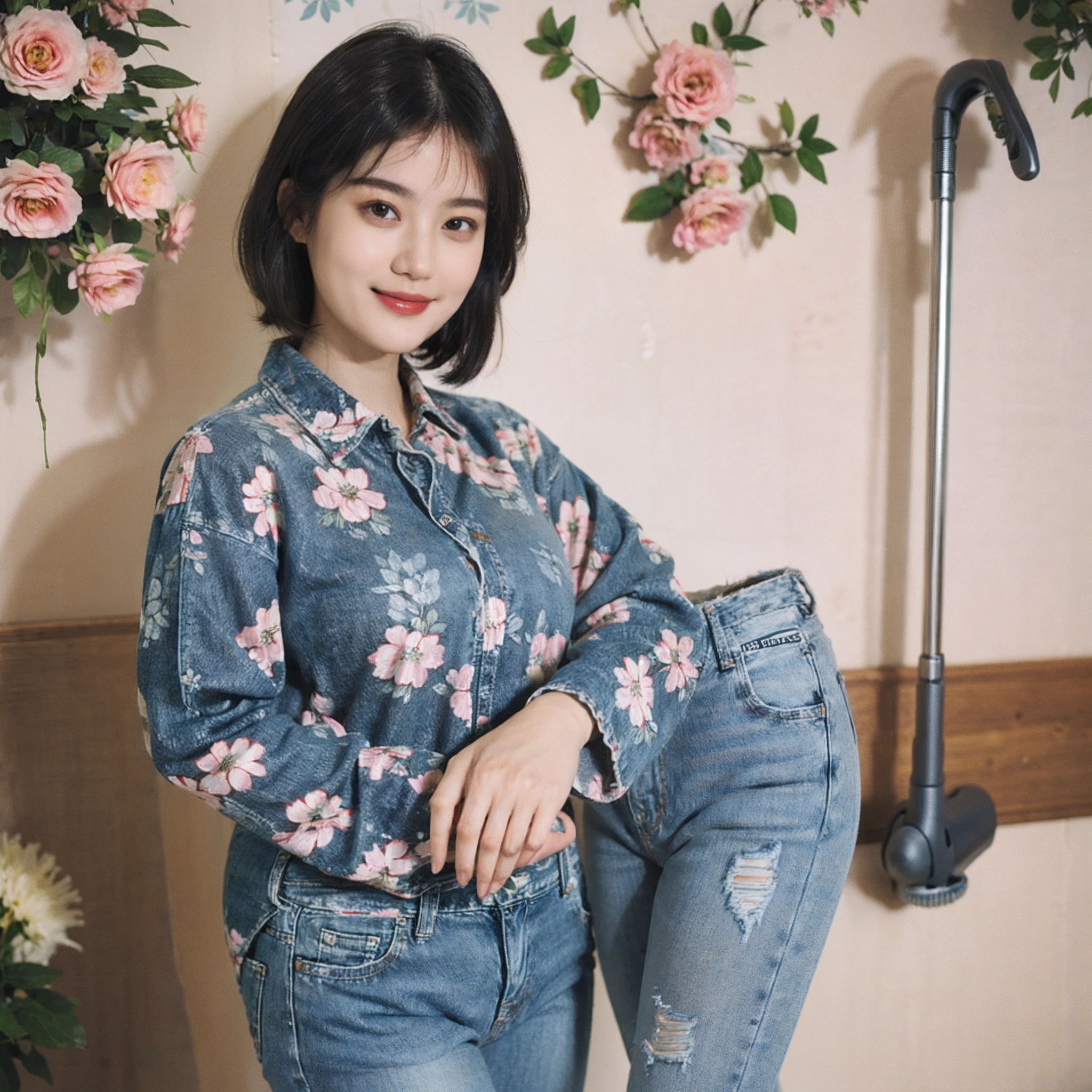 (Masterpiece)、((High-quality photos))、ultra-detailliert、((1beautiful woman))、((Jeans - Wear jeans))、((Long sleeve shirt with floral pattern))、((Black Shorthair))、((A slight smil)))、((breast))、paprika、Large room、Cleaning with a vacuum cleaner